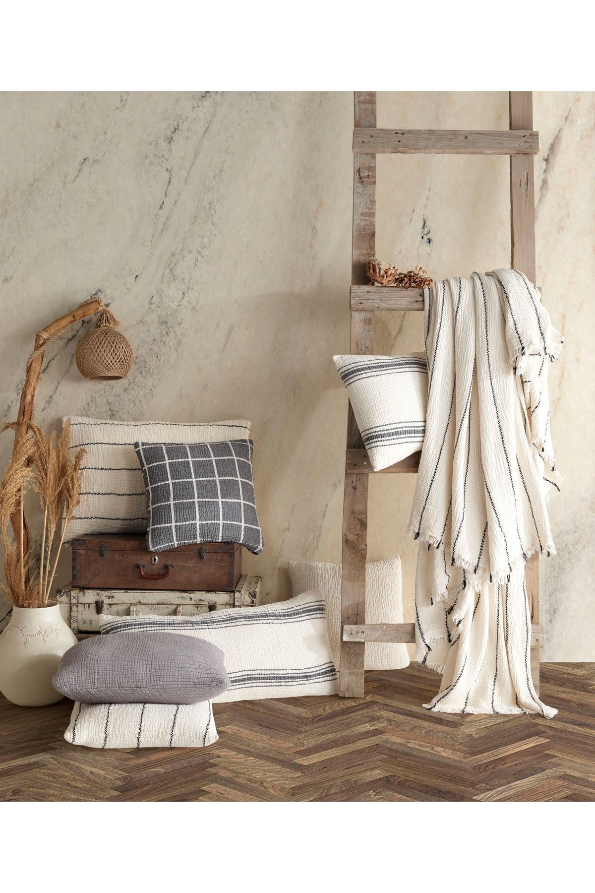 Bej Etnik Desenli Naturel 4 Katlı Muslin %100 Pamuk Çift Kişillik Yatak Örtüsü/Pike 240x250cm. 7