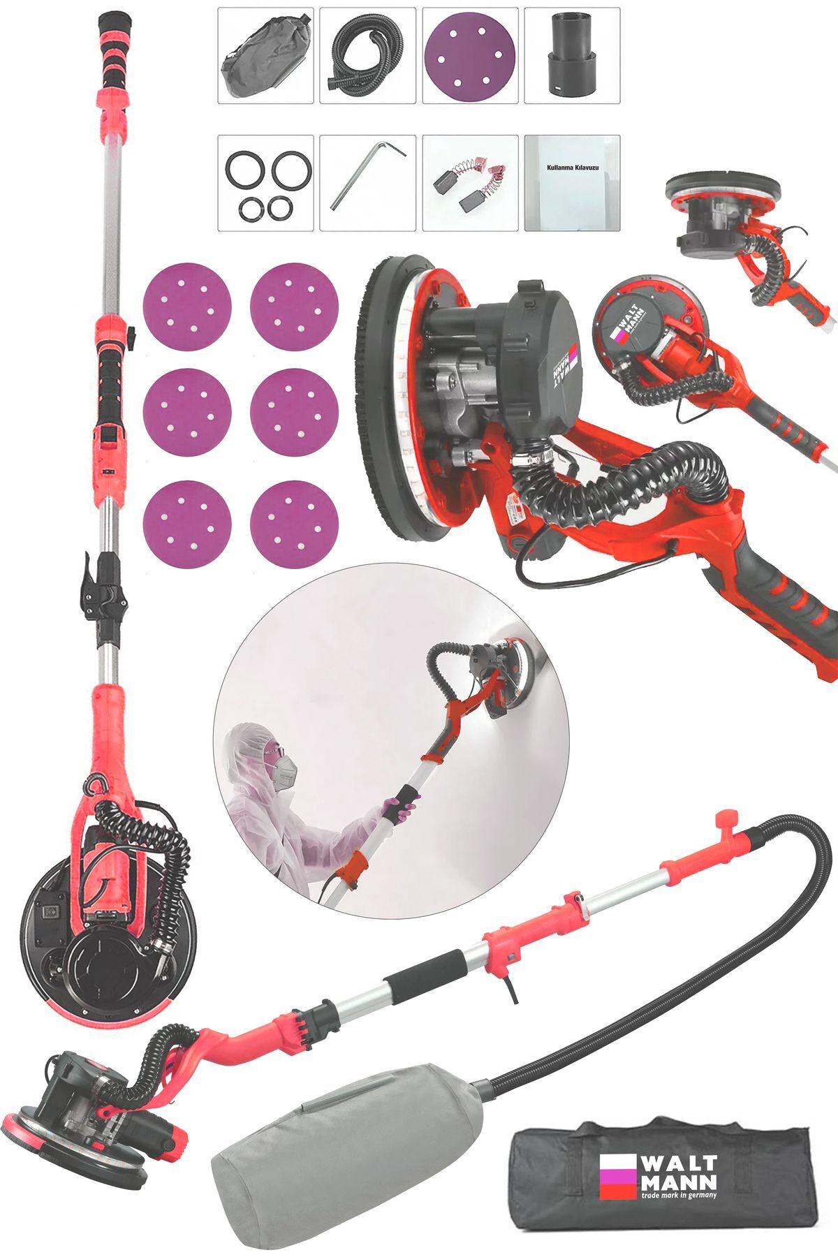 WaltMann Germany 360'Ledli 1100W Pro Alçıpan Duvar Zımpara Makinası Toz Emmeli Kırmızı