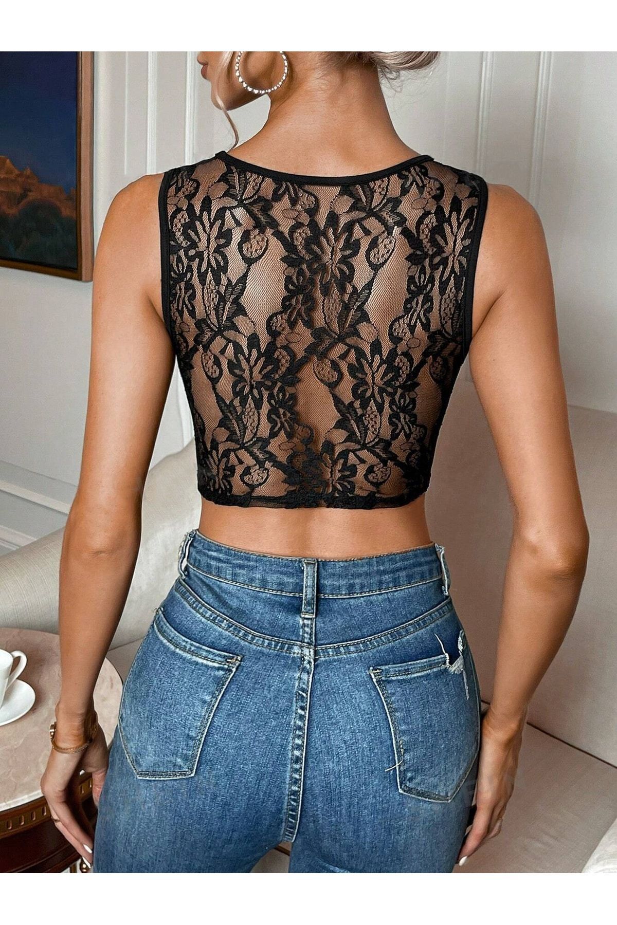 my cherie V Dantel Dekolteli Günlük Çekici Rahat Büstiyer Crop Bluz görsel 4
