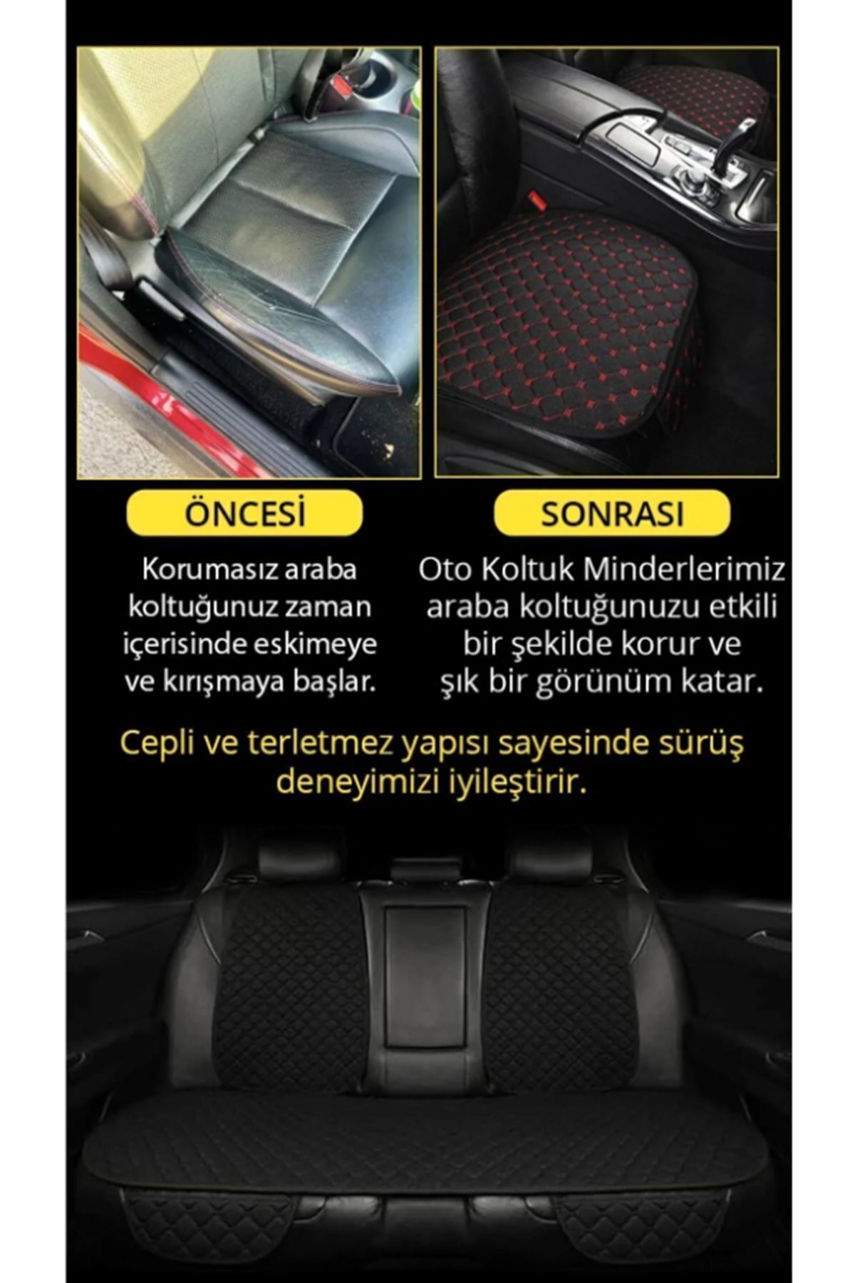 Genel Markalar Tay Tüyü Cepli & Terletmez Kumaş Sırtlı Oto Koltuk Minder Seti - Koltuk Koruma Kılıfı (3'lü Set) fotoğrafı 3 (önizleme)