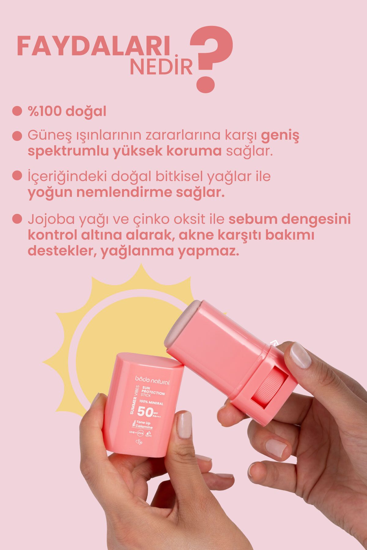 کرم ضد آفتاب صورت 50 SPF TONE EQUALIZER و LIGHTING SKIN PINK HIGH STICKLATER SSTICKEN STICK Bade Natural