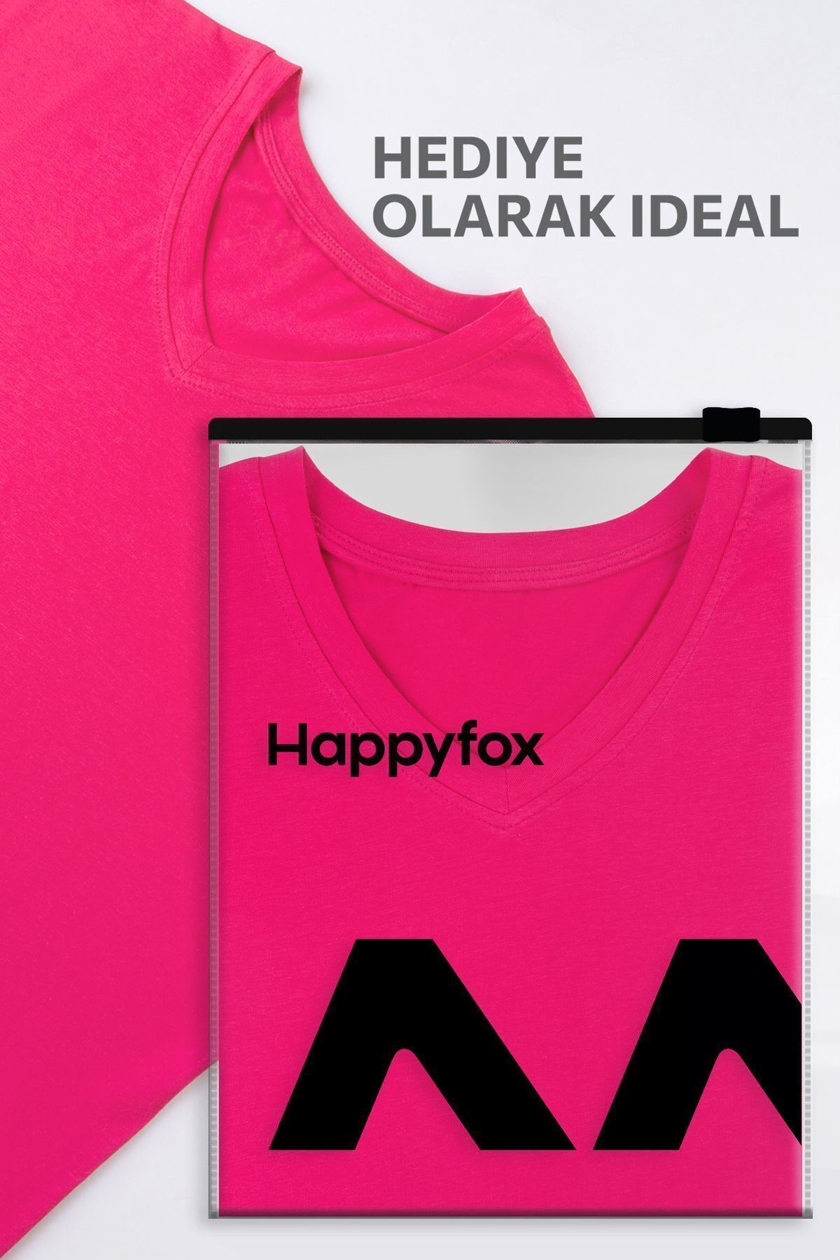 Happy Fox-Γυναικείο μπλουζάκι από φούξια V-λαιμόκοψη Oversize Cotton Lycra - Unprinted Basic Model 3