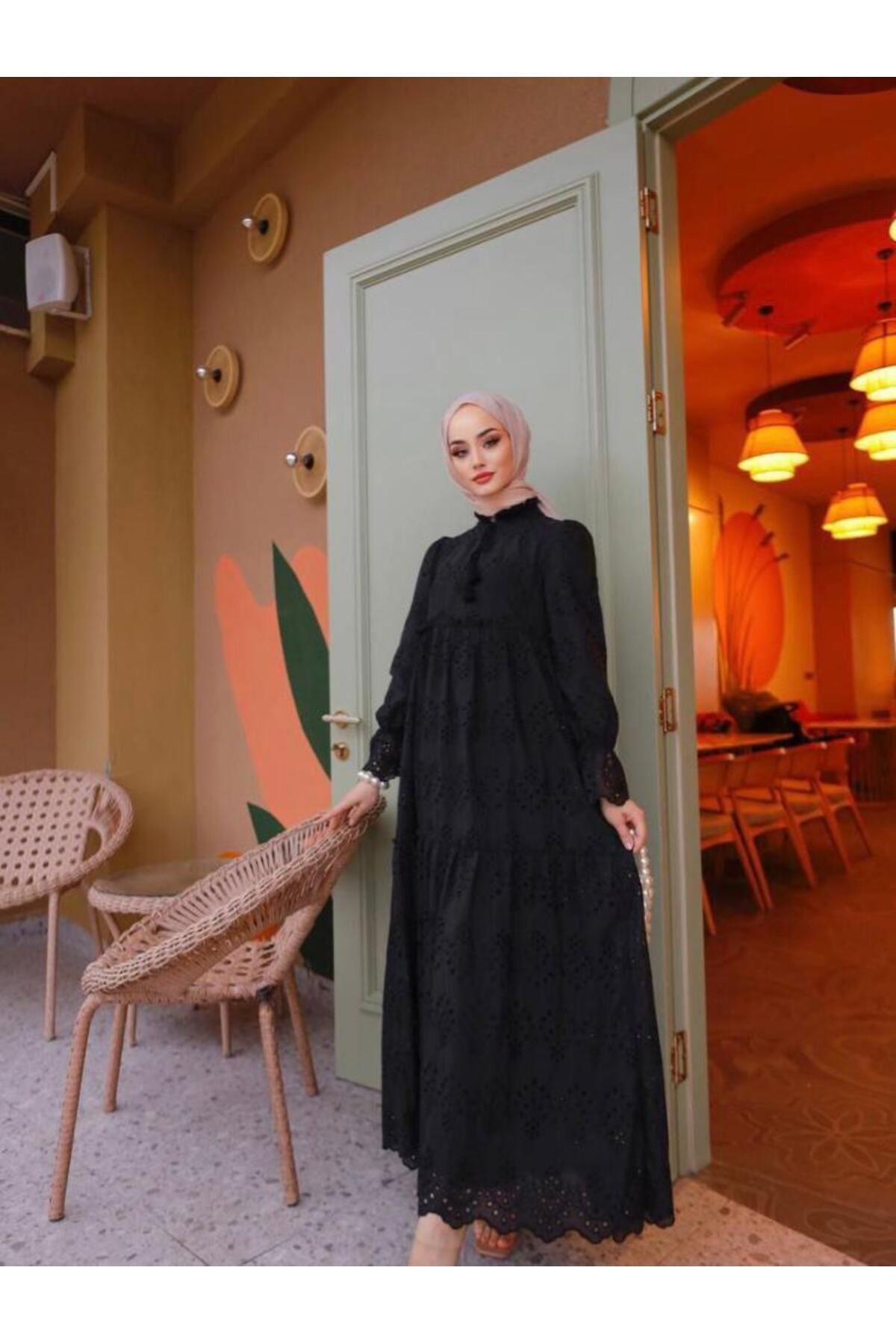 Afra-Lace Fabric Black Color Long Ruffle Dress 1