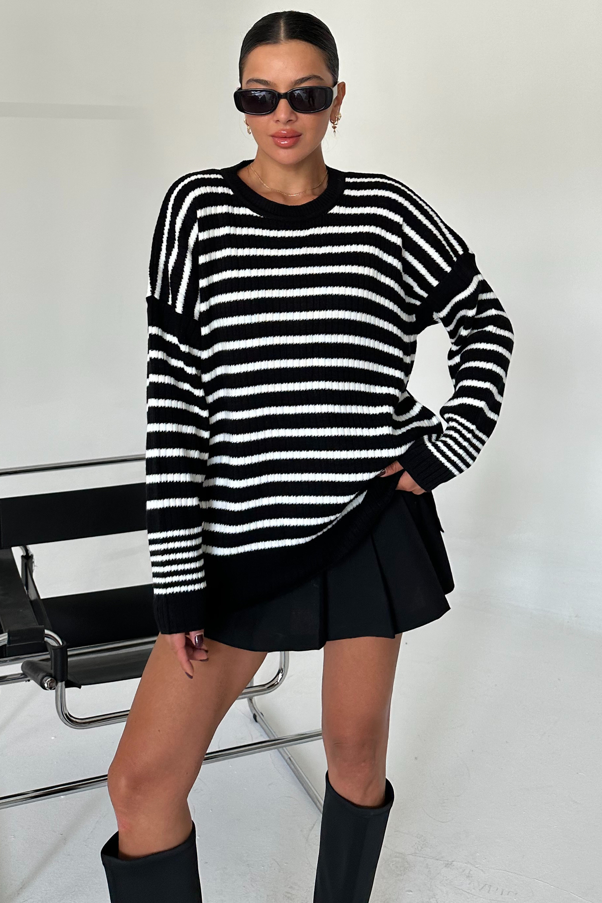 Women's Black Crew Neck Striped Knitwear Sweater