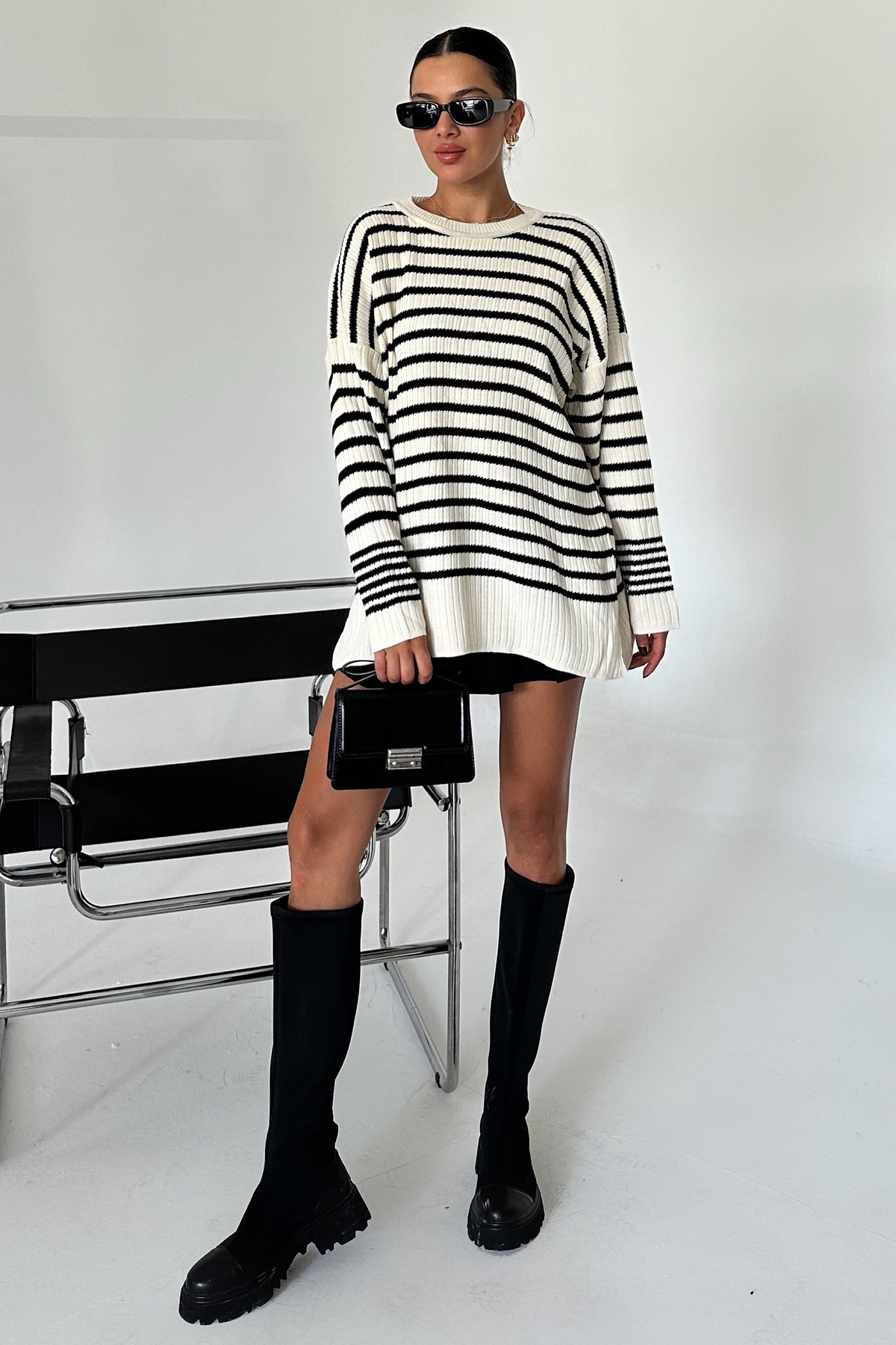 MODAGEN  Kadın Camel Bisiklet Yaka Çizgili Triko Kazak - Görsel 2