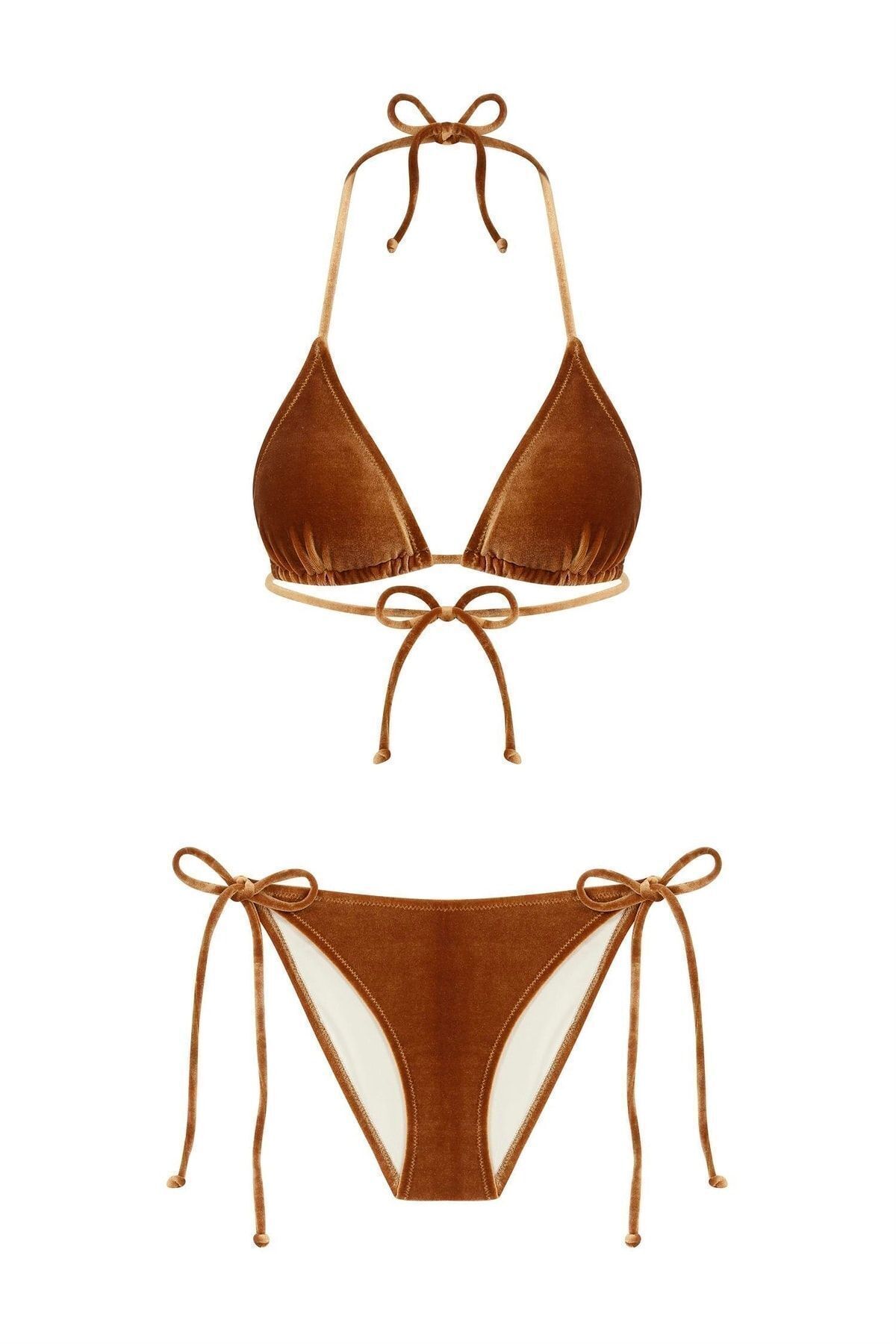 AQUELLA Kadife Dokulu Tütün Kahvesi Üçgen Bikini Takım