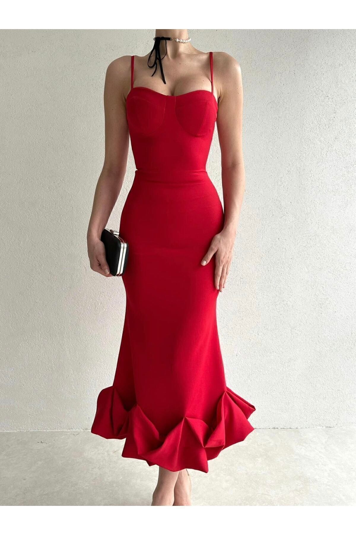 Afiş Butik-Rochie midi roșie cu tiv curbat asimetric 3