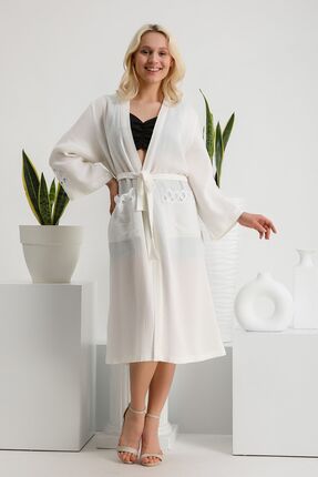 ANTERİ Dantel Angles Detaylı Çift Cepli Kuşaklı Kimono Kaftan Sabahlık