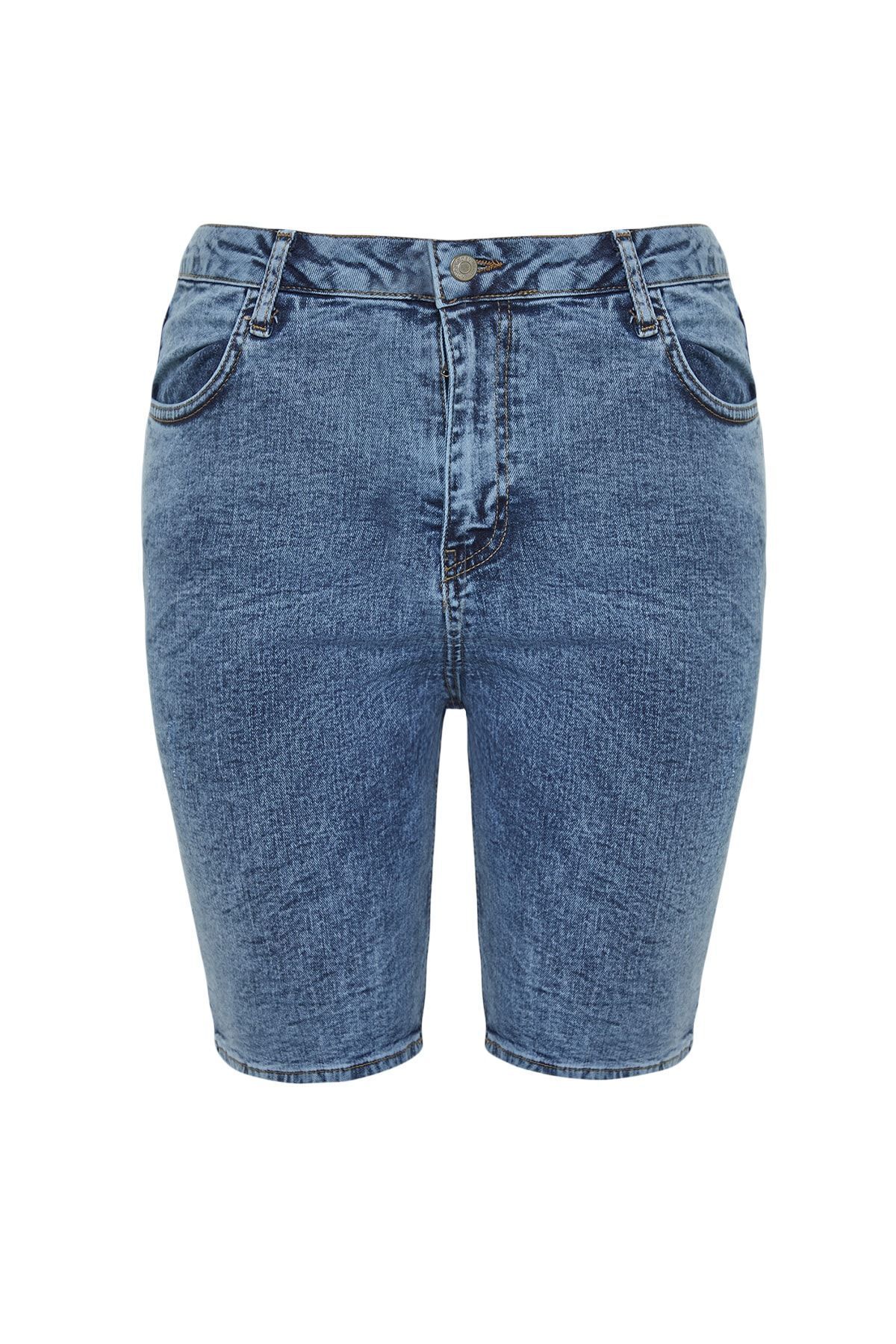 Trendyol Curve-Tmavě modré elastické úzké šortky s vysokým pasem - Bermudy TBBSS22AP0004 8