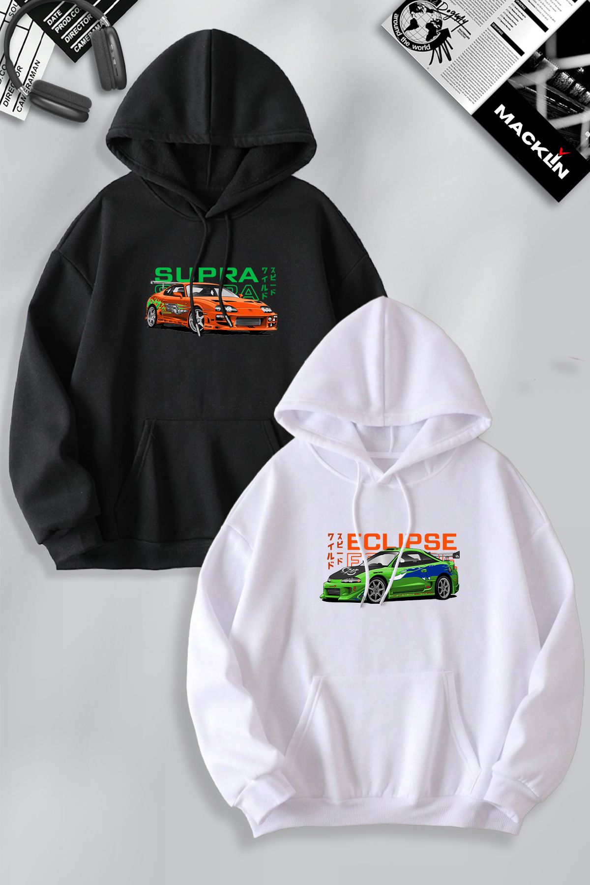 macklin Set De 2 Hanorace Cu Glugă Cu Imprimeu Fast And Furious Eclipse & Supra - Combinație De Cuplu Prieten Unisex - S/M