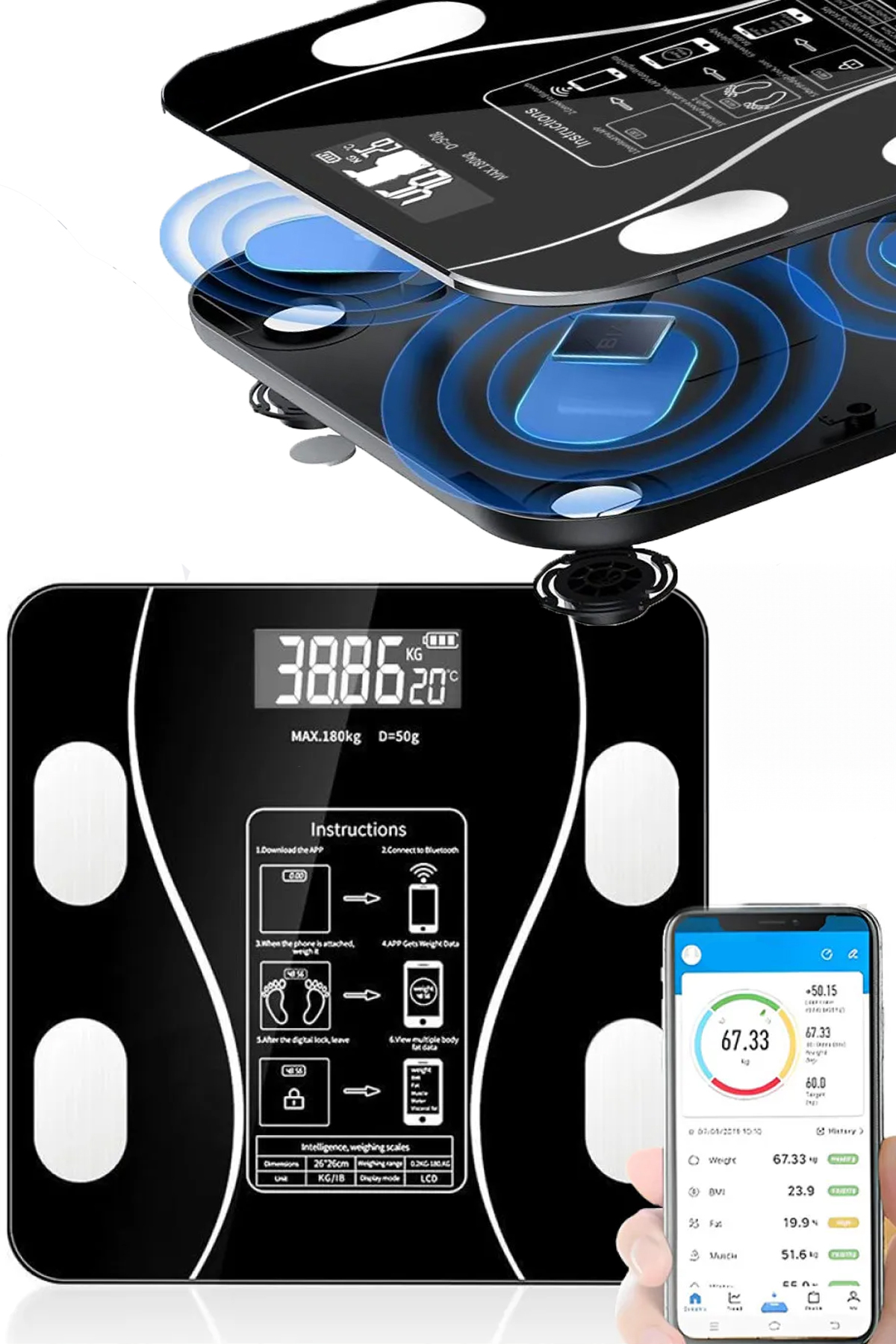 TechnoStation Bluetooth Bağlantılı Sporcu Terazi Tartı Değerlerinizi Telefon Üzerinden Kontrol Edin Kişisel Baskül - Fiyatı, Yorumları