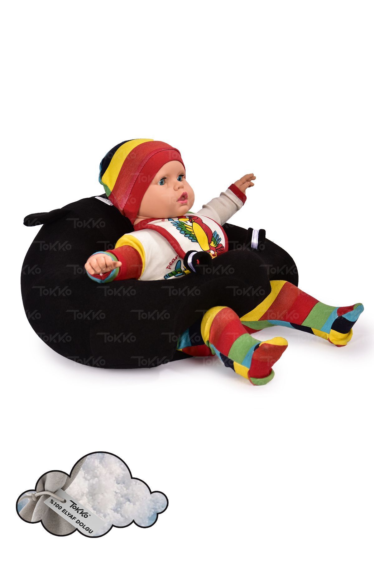 TOKKO Elyaf Dolgu Bebek Oturma Destek Minderi - Devrilmez Bebek Koltuğu - Büyük Bebek Oturağı Siyah