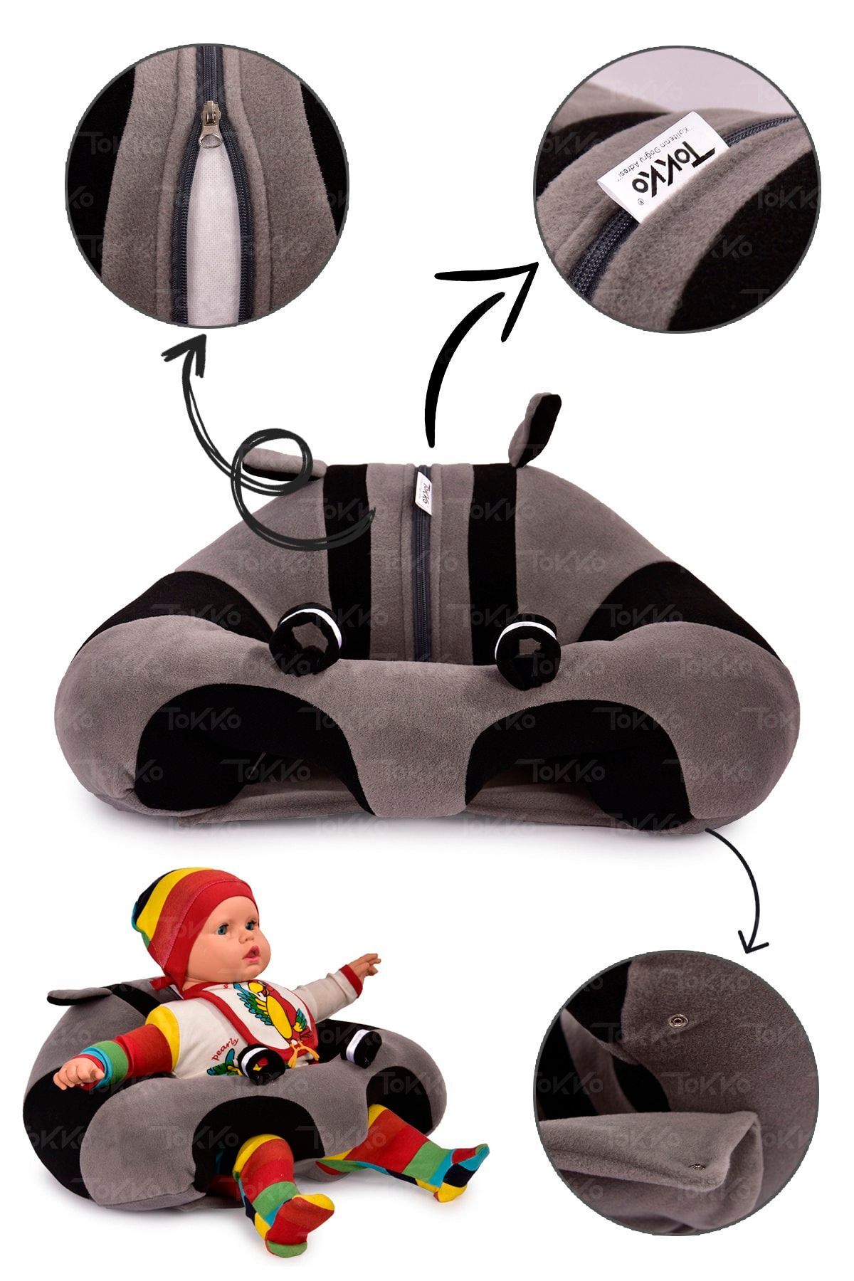 Lüks Üçlü Set - + 60 Cm Uyku Fili + Peluş Ayıcık - Antibakteriyel 3'lü Set Gri Siyah 2