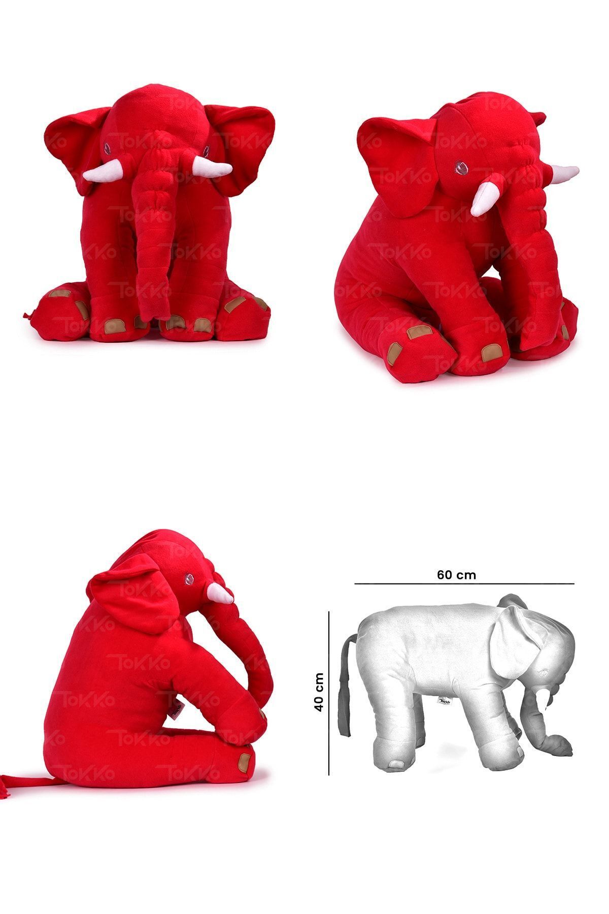 Lüks Üçlü Set - + 60 Cm Uyku Fili + Peluş Ayıcık - Antibakteriyel 3'lü Set Kırmızı Gri 4