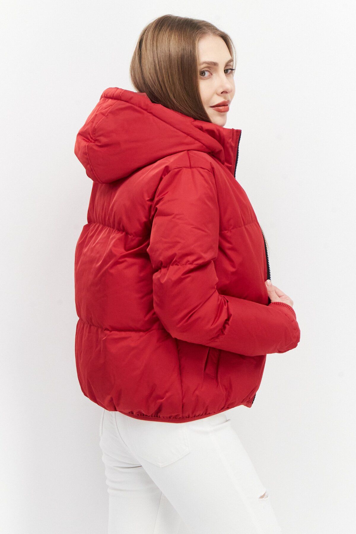 French Connection Women Hooded Plain Puffer Jacket Red Trendyol