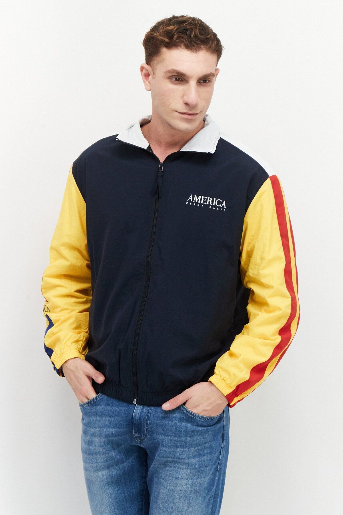 Perry Ellis Men Mock Neck Colorblock Windbreaker Jacket Navy Combo Trendyol