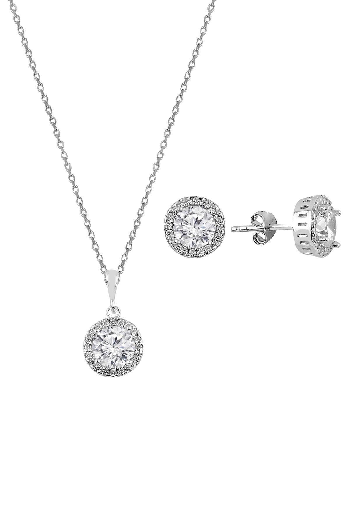 Söğütlü Silver Gümüş Zirkon Taşlı Yuvarlak Pırlanta Montürlü Gümüş Ikili Set Sgtl10726rodaj