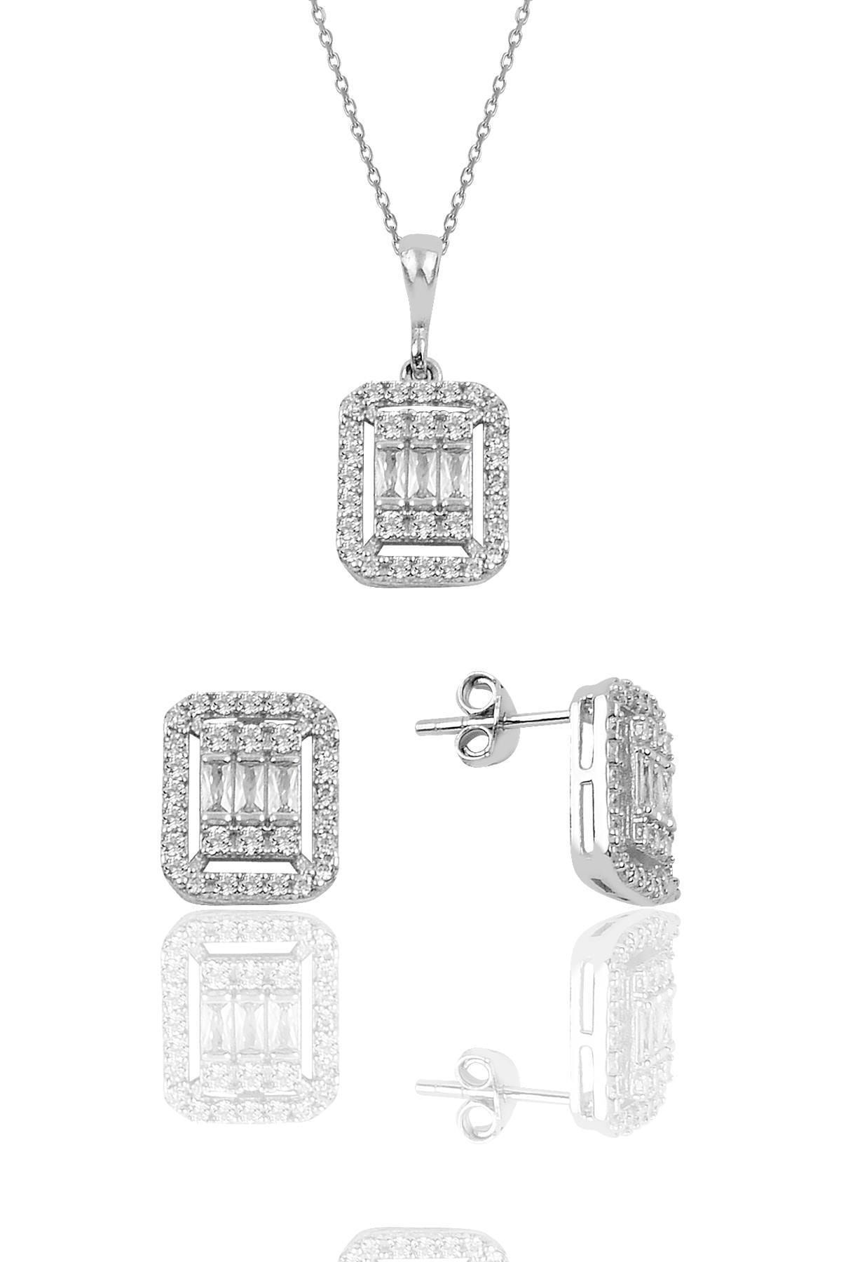 Söğütlü Silver Gümüş Rodyumlu Baget Taşlı Ikili Set Sgtl10131rodaj