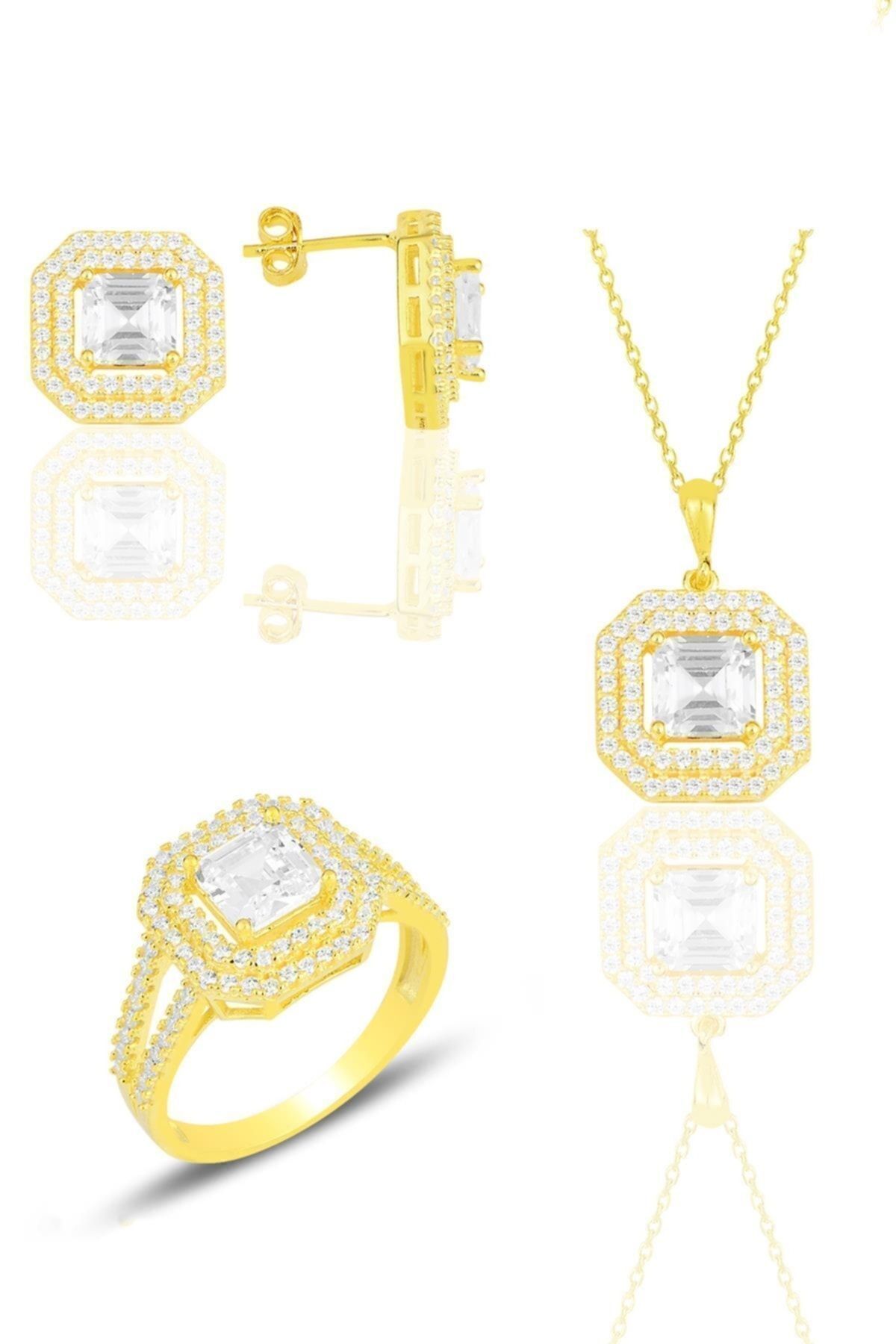 Söğütlü Silver Gümüş Altın Yaldızlı Özel Tasarım Baget Kesim Zirkon Taşlı Üçlü Set Sgtl11563