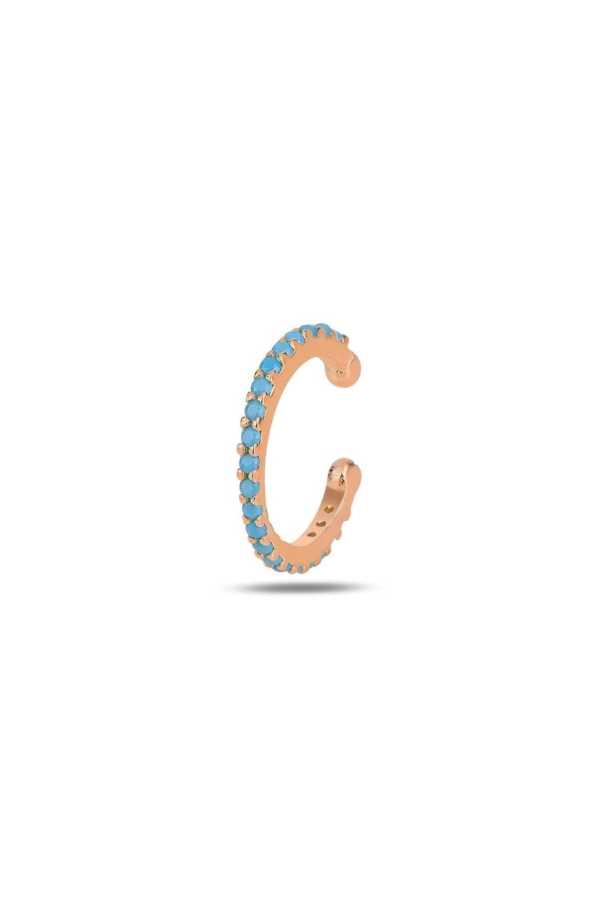 Gümüş Rose Turkuaz Taşlı Sıkıştırmalı Kıkırdak Küpe Ear Cuff