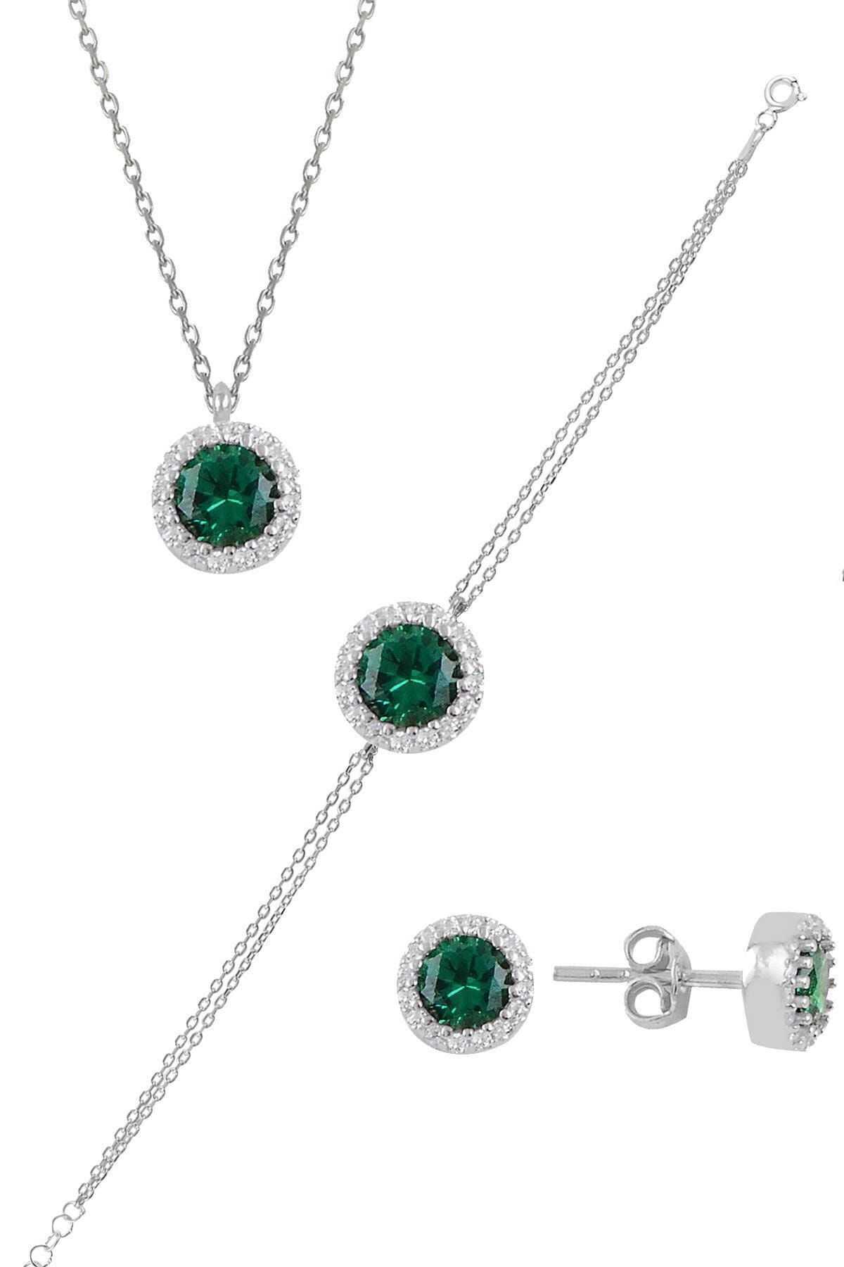 Söğütlü Silver Gümüş Rodyumlu Zirkon Ve Kök Zümrüt Taşlı Pırlanta Modeli Üçlü Set Sgtl11174yesıl