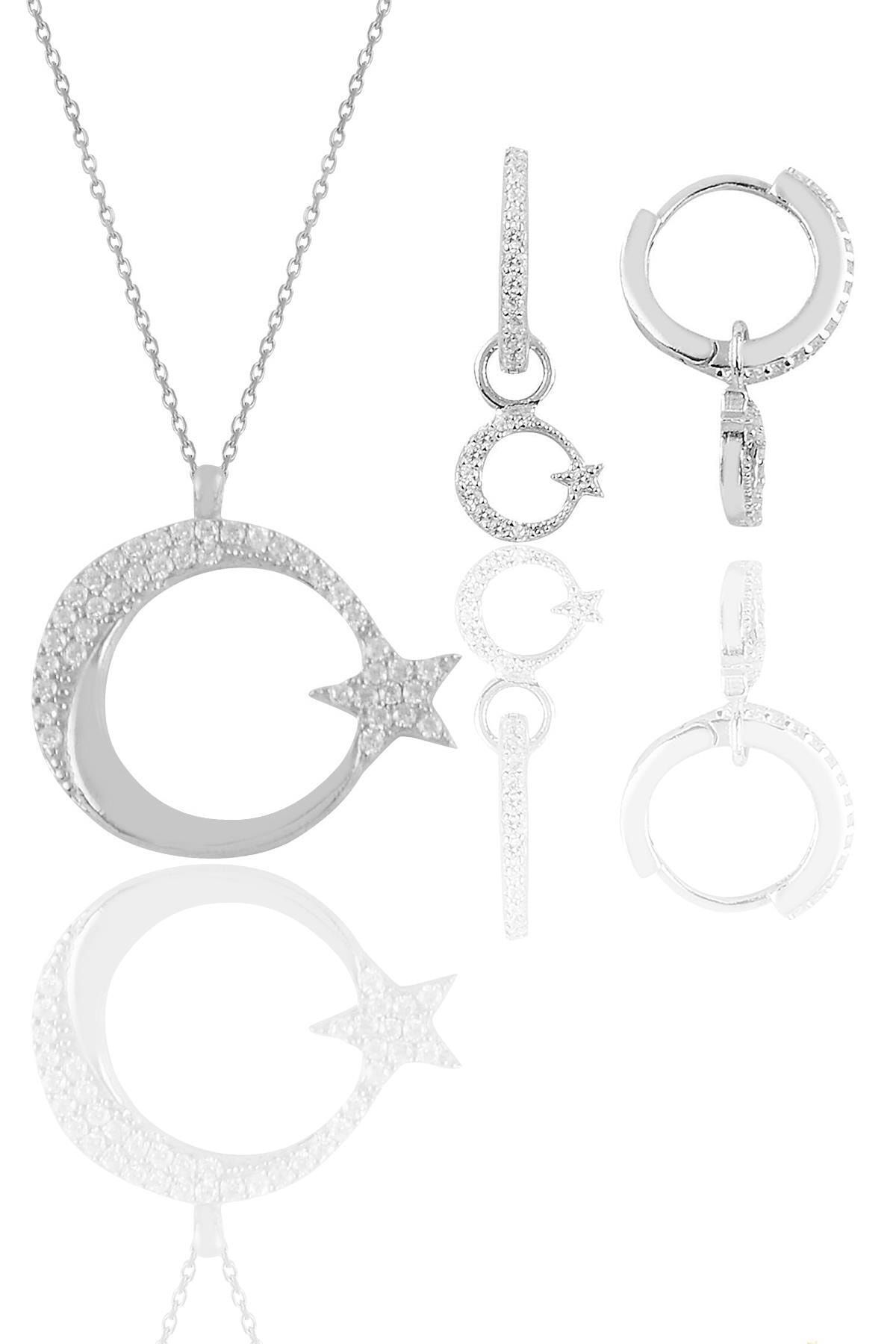 Söğütlü Silver Gümüş Rodyumlu Zirkon Taşlı Ay Yıldız Kolye Ve Küpe Ikili Set Sgtl11668rodaj