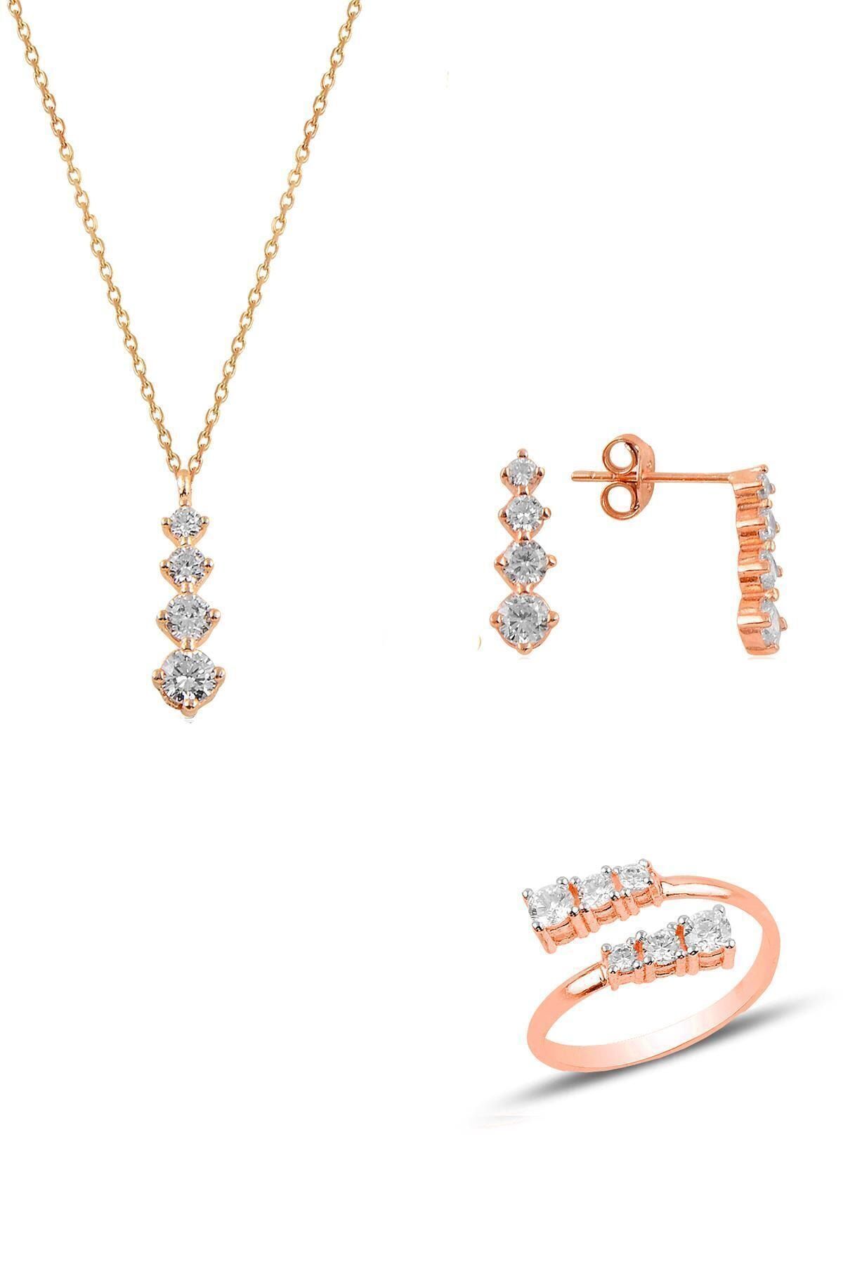 Söğütlü Silver Gümüş Rose Zirkon Taşlı Pırlanta Modeli Pırıltı Üçlü Set Sgtl11088rose