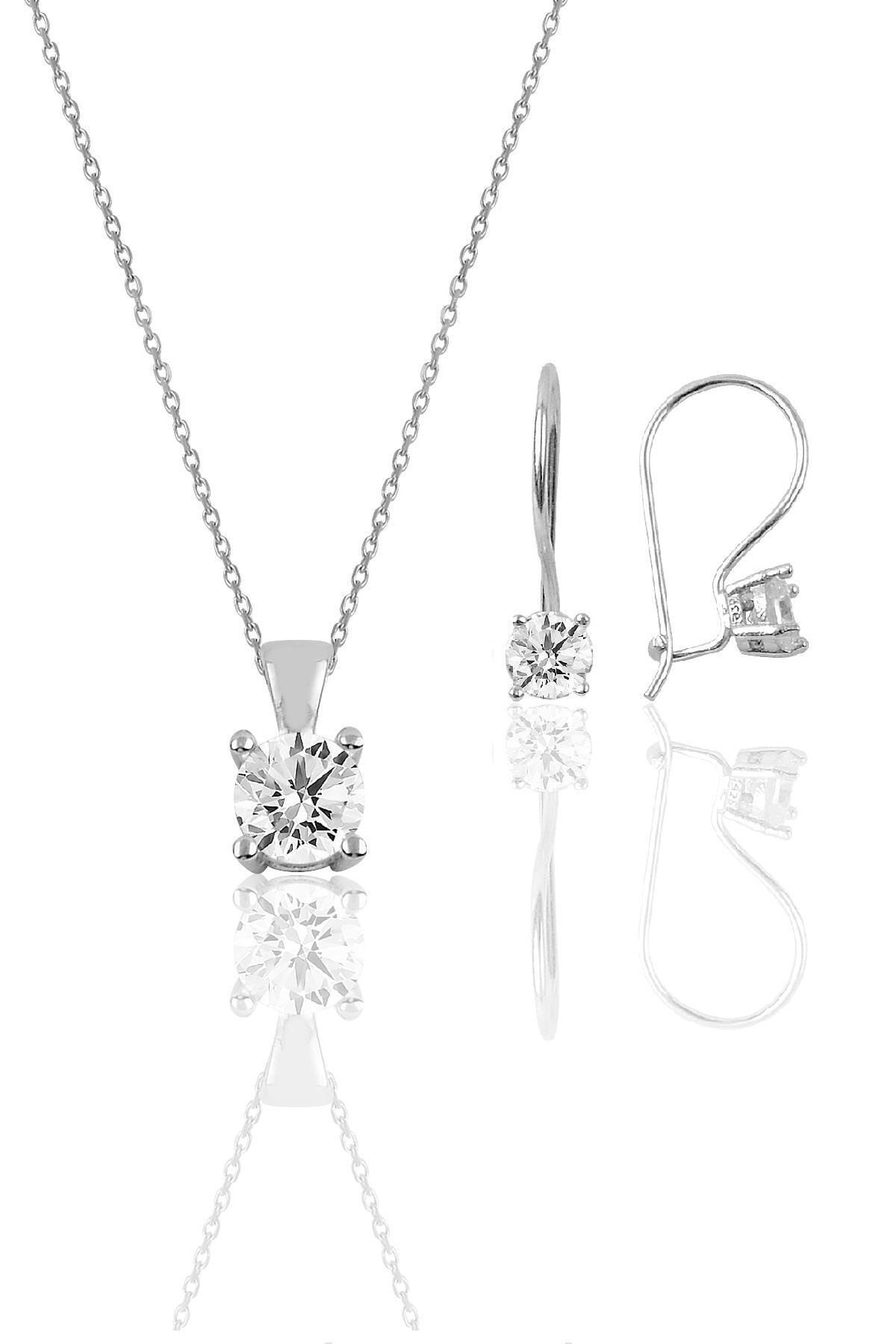 Söğütlü Silver Gümüş Rodyumlu Tek Taş Kolye Ve Çengelli Küpe Gümüş Set Sgtl10594rodaj