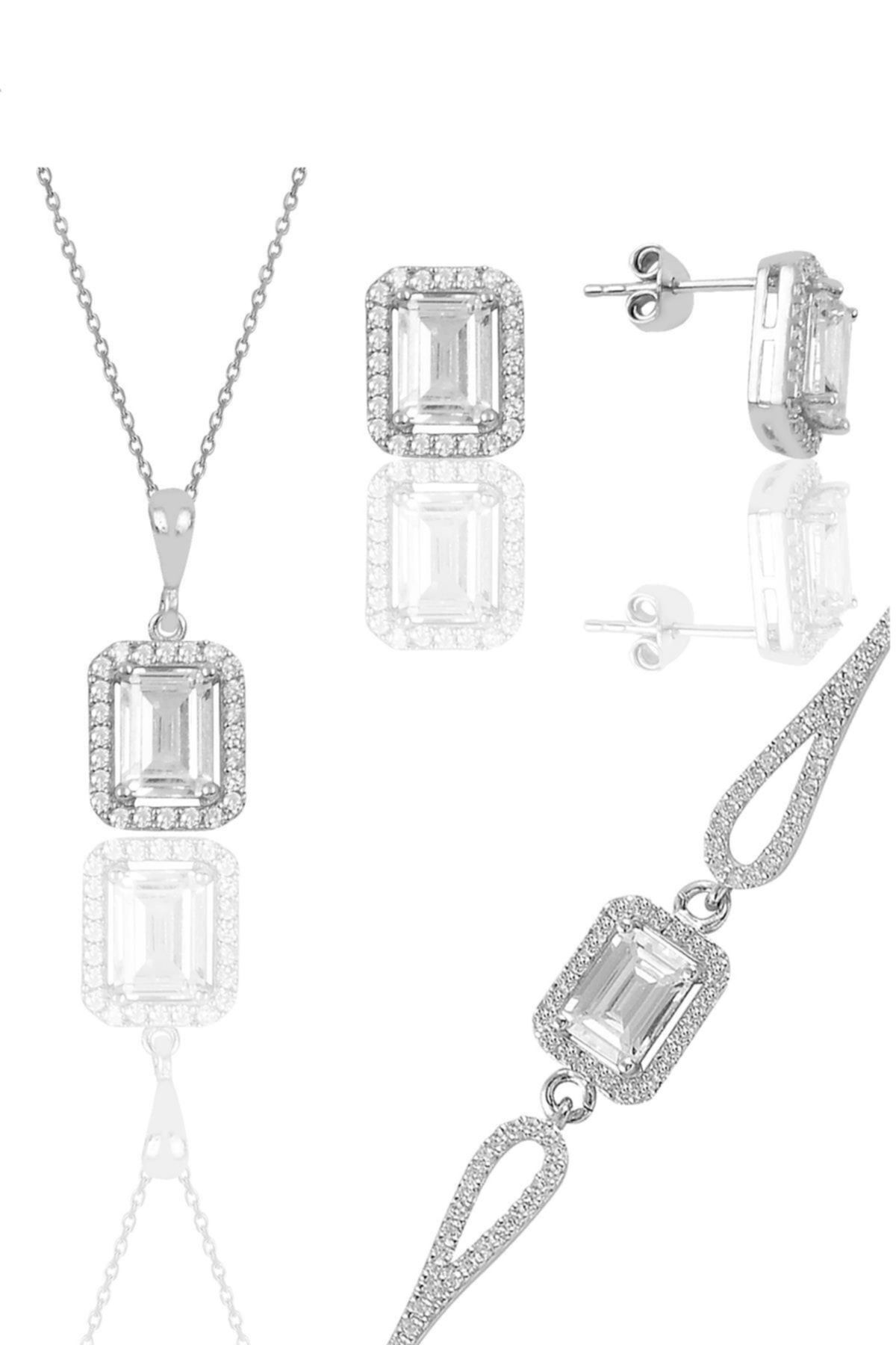 Söğütlü Silver Gümüş Rodyumlu Zirkon Taşlı Baget Kesim Üçlü Set Sgtl11598beyaz