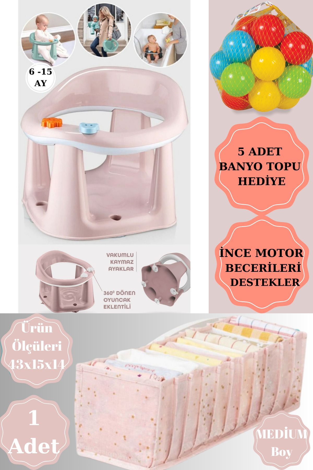 PONÇİK BEBEK Bebek Banyo Oturağı -Vakum Tabanlı Bebek MamaOturağı-BelDestekli VakumluMama AkordiyonDüzenleyiciler