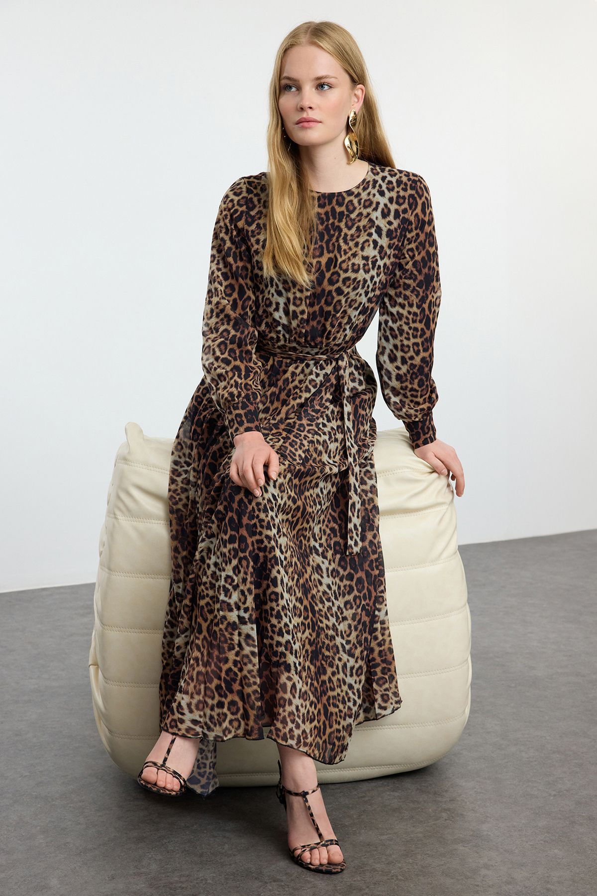 Trendyol Modest-Leopard Patterned Belted Pleated Chiffon Dress - Brown TCTSS24EB00151 2
