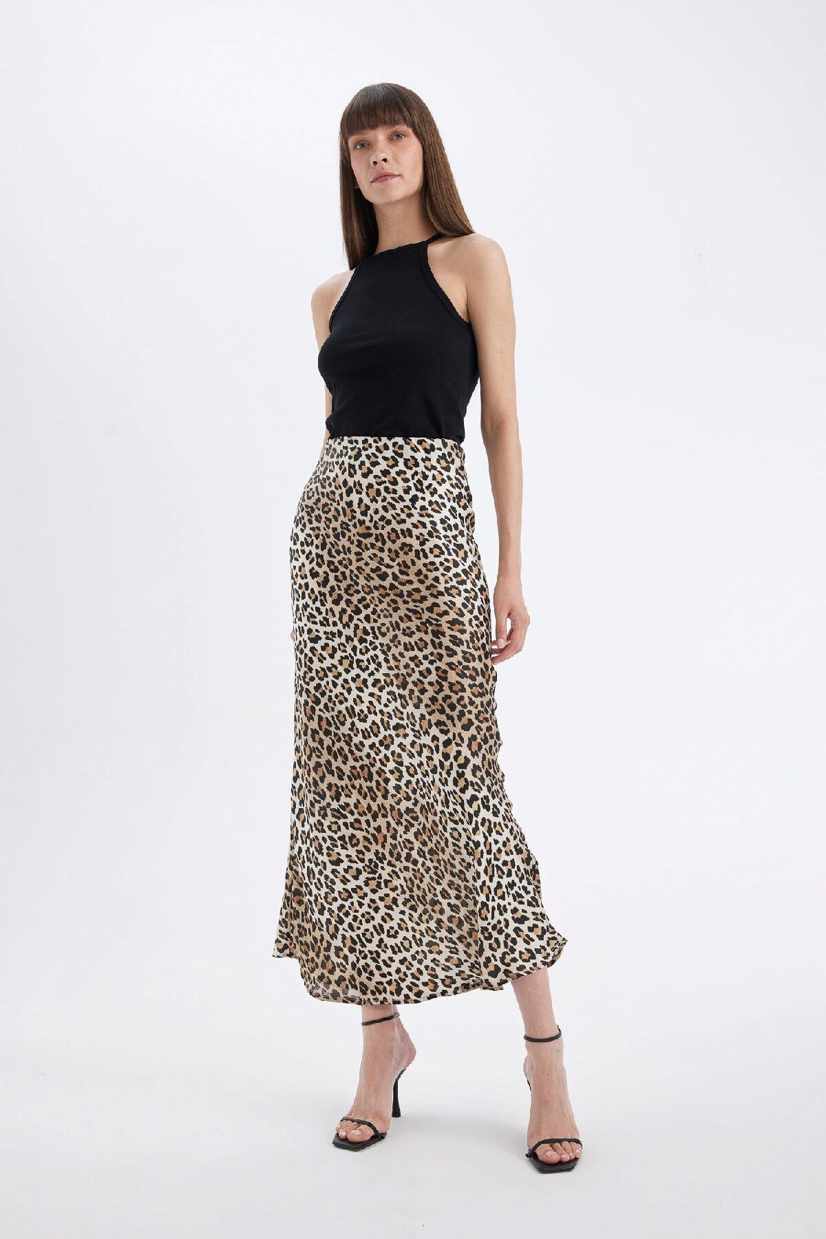 DeFacto Straight Fit Satin-maxirock Mit Leopardenmuster Und Normaler Taille für Damen - 38