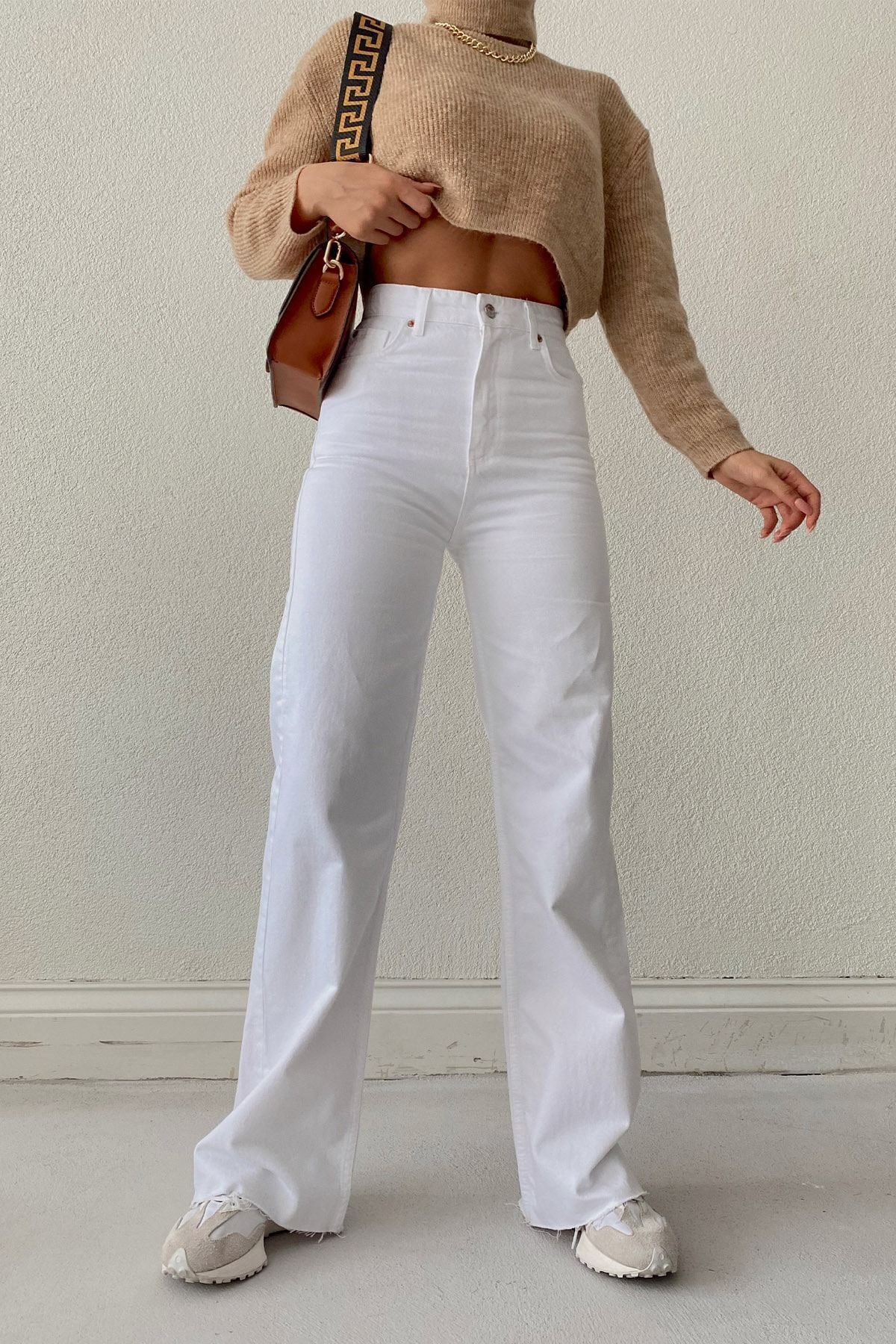 Geppetto Biele dámske rifle Palazzo Jeans Penolope - strih nohavíc