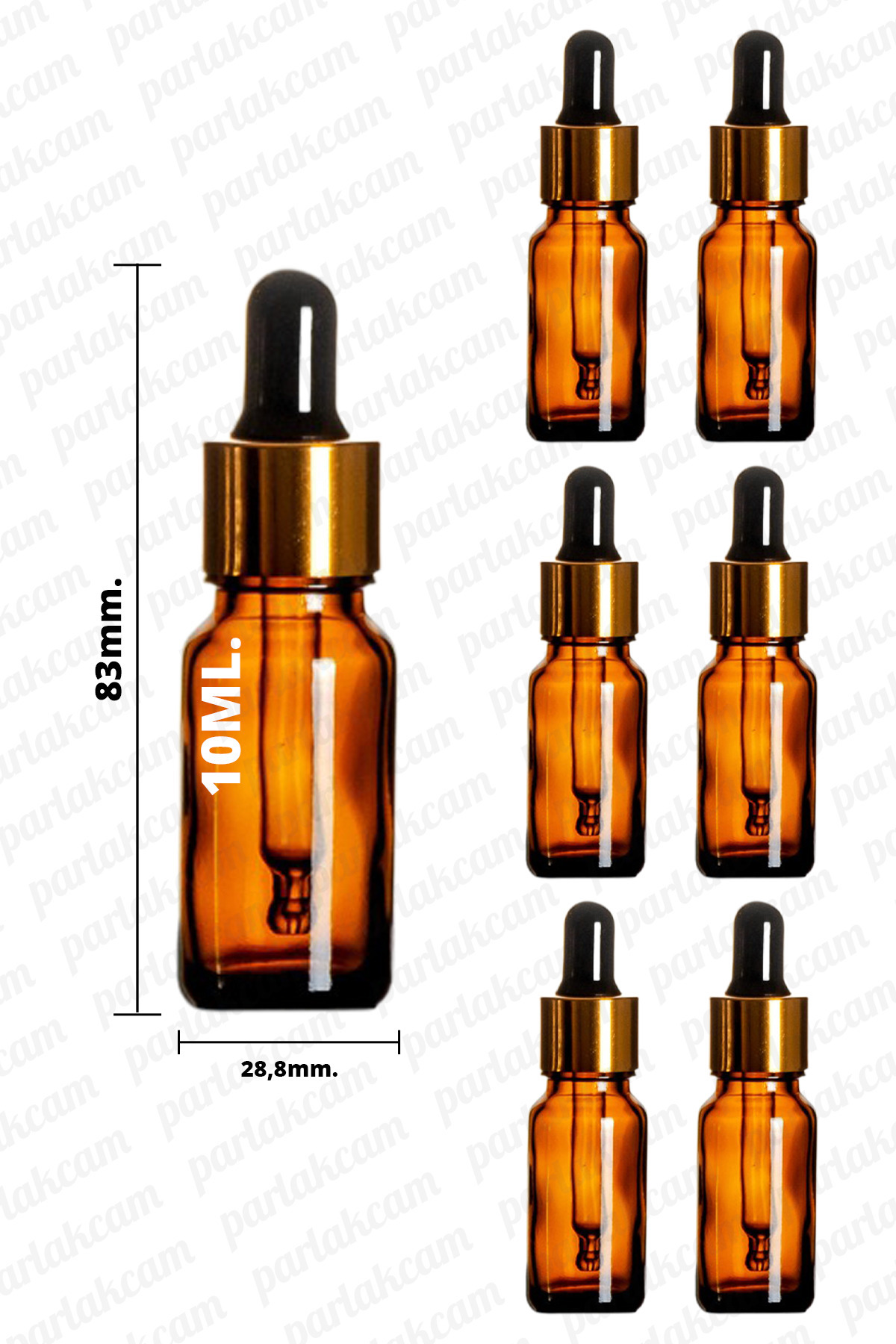 parlakcam 6 Adet 10ml Damlalıklı Amber Cam Şişe Siyah ve Altın Yüzüklü Damlalık 10cc Amber Renkli Serum Şişesi