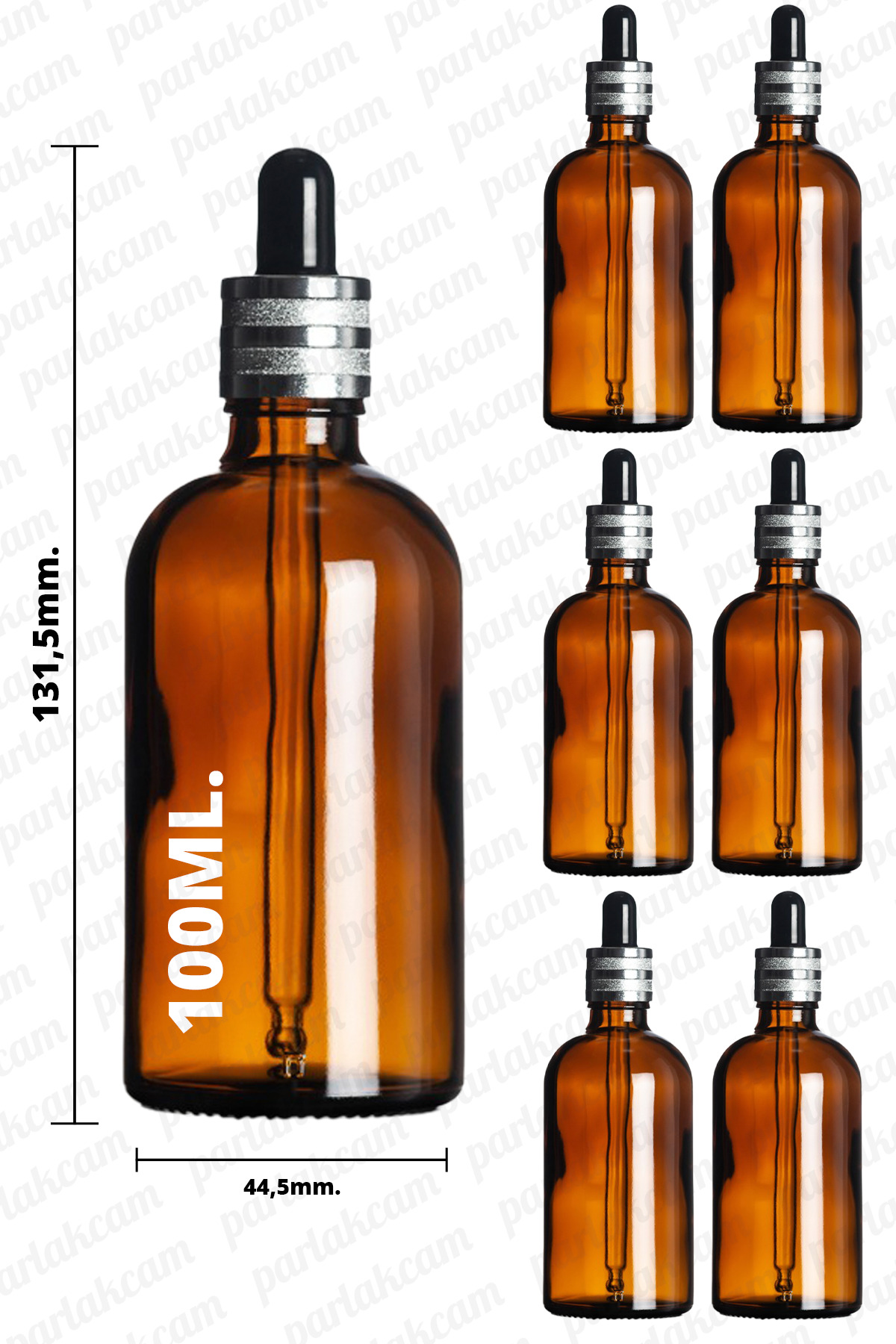 parlakcam 100ml Gümüş Yüzüklü Cam Damlalıklı Özel Tasarım Amber Renkli 100cc Cam Şişe 6 Adet