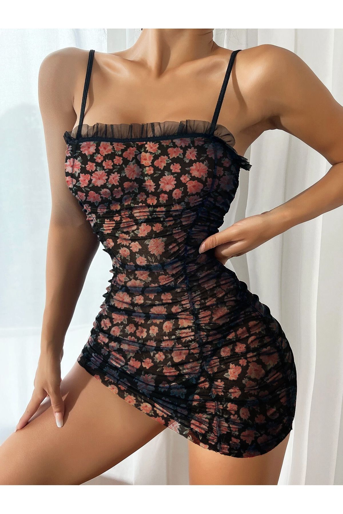 my cherie-Cămașă de noapte din tul cu model floral adunat 1