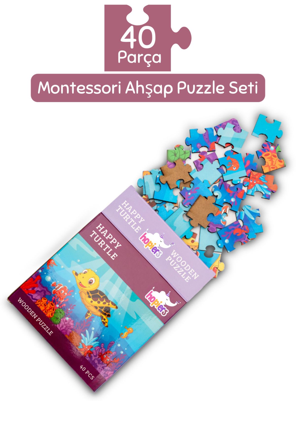 Montessori Happy Turtle Ahşap 40 Parça Puzzle/ 1+ Yaş/ Eğitici, öğretici ve Güvenli Çocuk Oyuncağı