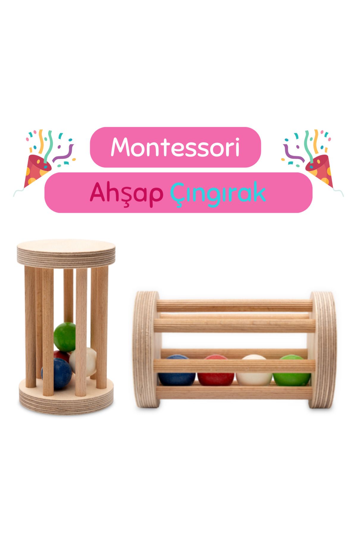 Montessori Ahşap Bebek Çıngırağı / Yenidoğan ve Üzeri Yaş / Renkli ve Güvenli İlk Oyuncak