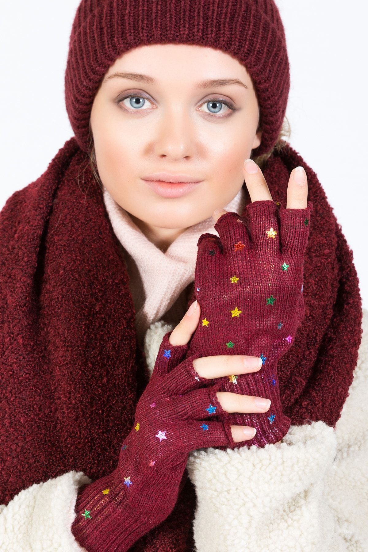 POSUSS-Colorful Star Printed Women's Gloves - Claret Red - Ps3103 5
