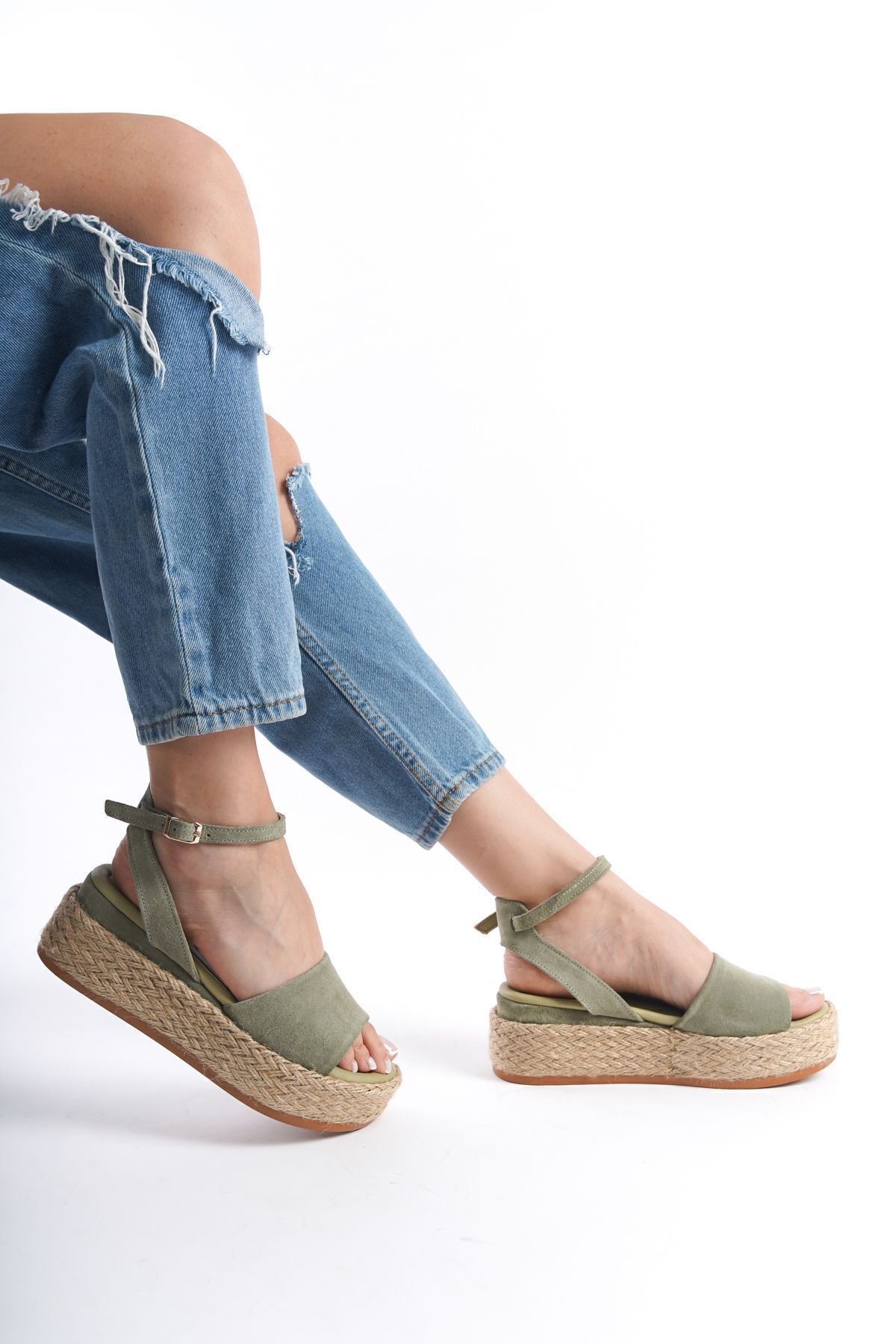 صندل سبز زنانه Riva Green Suede چرمی Wicker Fille Line INNTRO