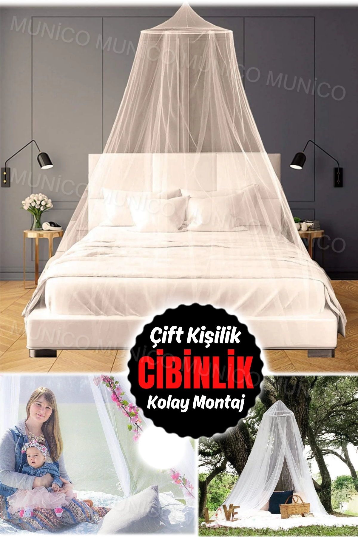 Munico Çift Kişilik Zarif Dantel Böcek Yatağı Gölgelik Ağ Perde Yuvarlak Kubbe Sivrisinek Ağı Yatak Takımı