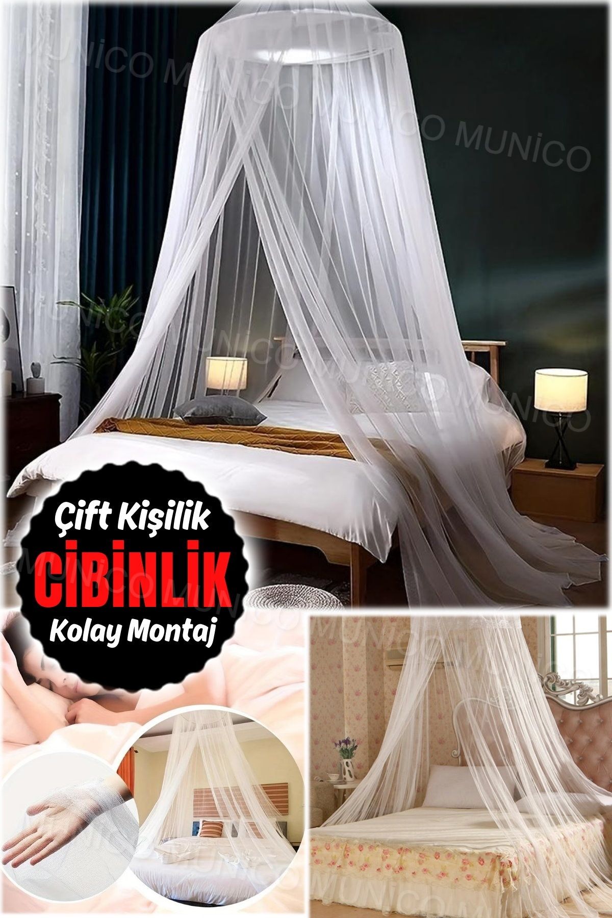 Munico Yatak Üstü Şık Gösteren Kolay Montaj Cibinlik Yatak Sağlam Romantik Asılı Kubbe Yatak Örtüsü