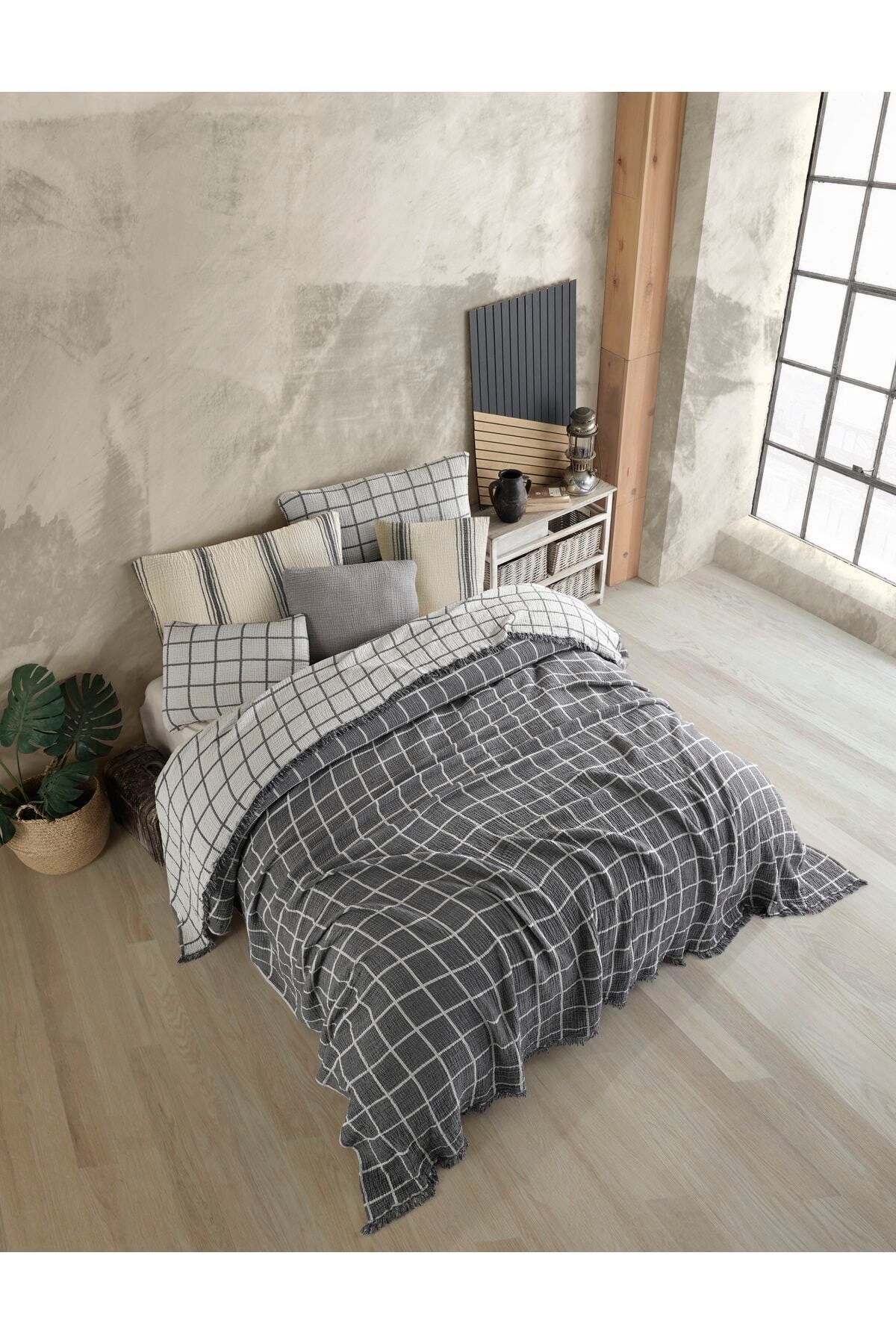 destinyhometex Gri Kare Desenli Naturel 4 Katlı Muslin %100 Pamuk Çift Kişillik Yatak Örtüsü/Pike 240x250cm.