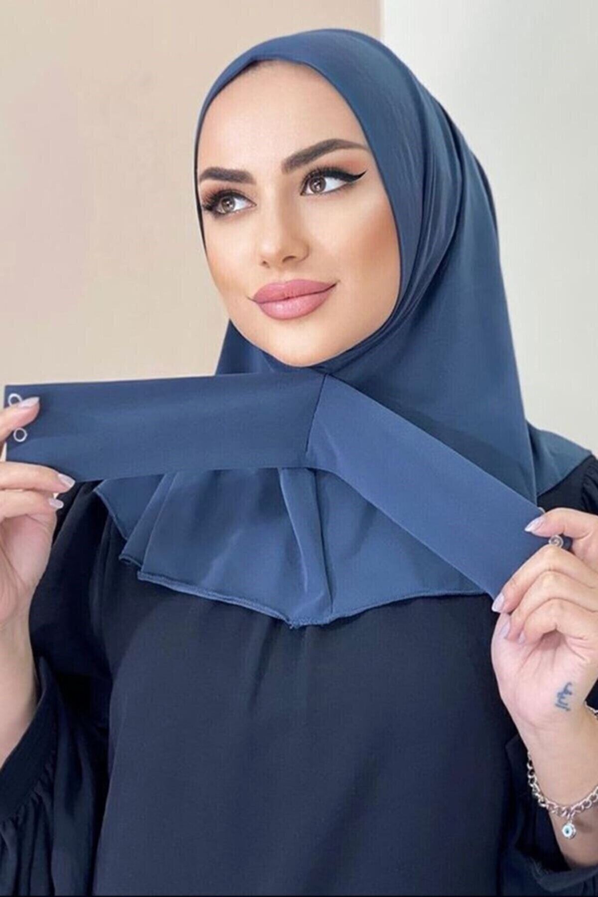 Organic Scarfs-Women's Hijab Indigo Snap Neck Collar Hijab Bonnet Model Scarf Shawl 2