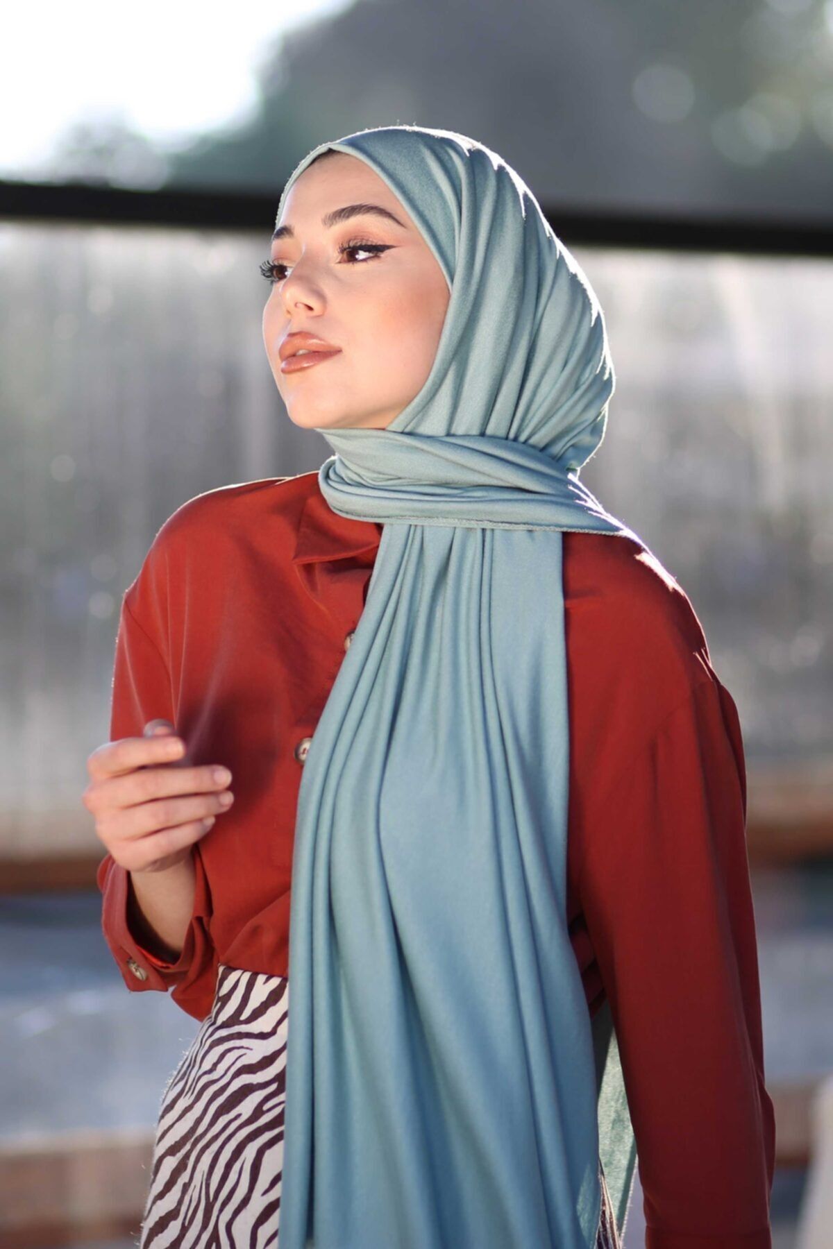 Organic Model De Șal Din Bumbac Pieptănat Hijab - Verde Apă - Mărime unică