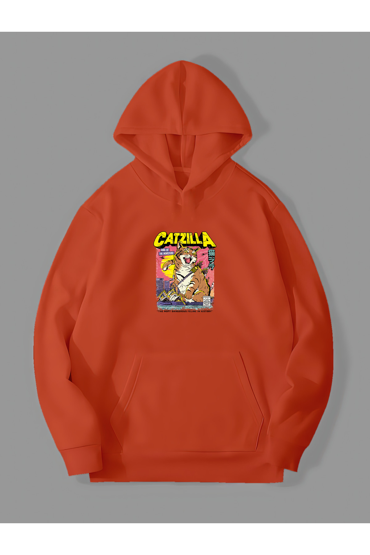 Harmandar Catzilla Printed - Orange Kangaroo Pocket Hooded Sweatshirt Hoodie 3 Thread