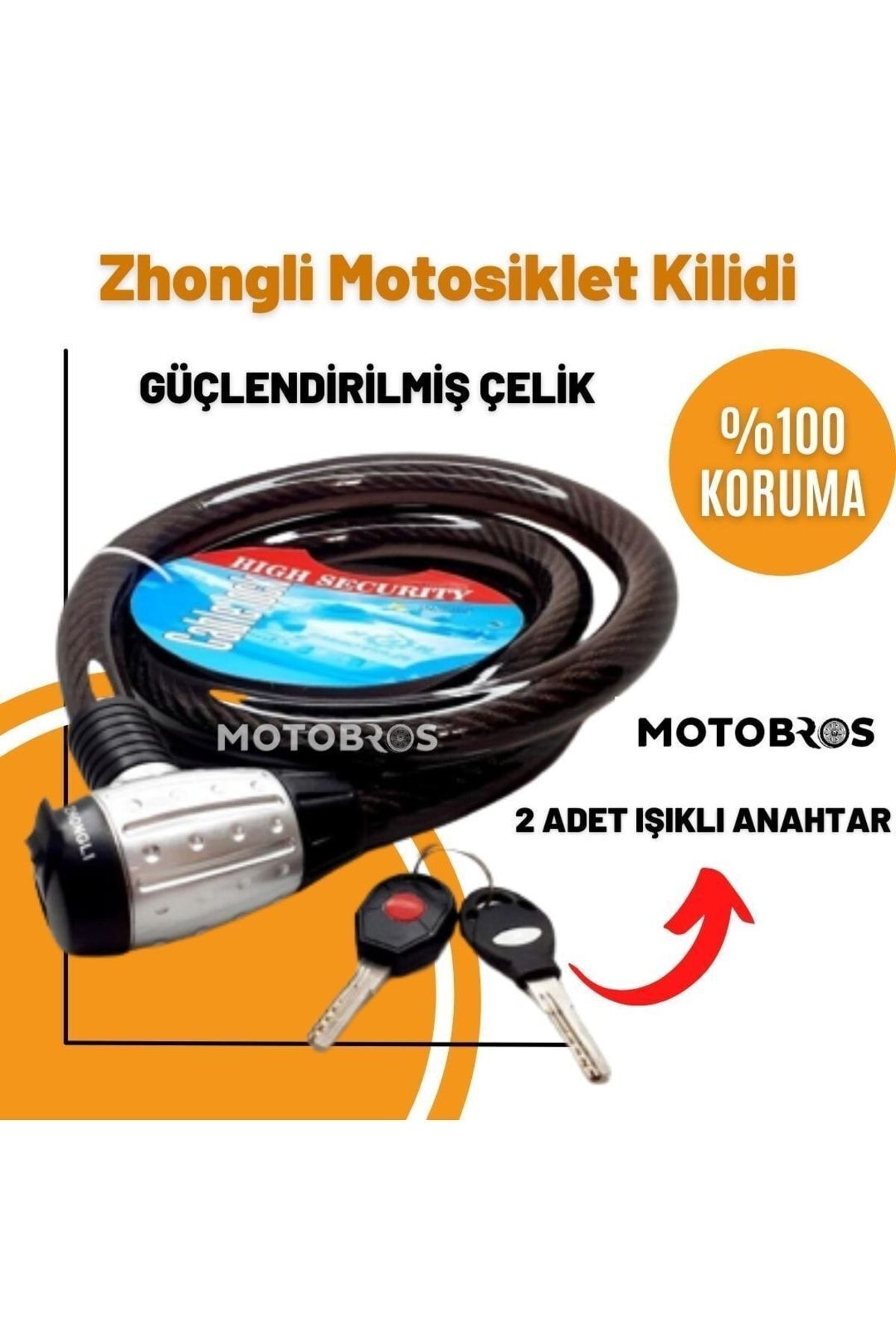 Motobros Motosiklet Kilidi Çelik Güçlendirilmiş Halat Zincir Kilit 25x200 2 Metre
