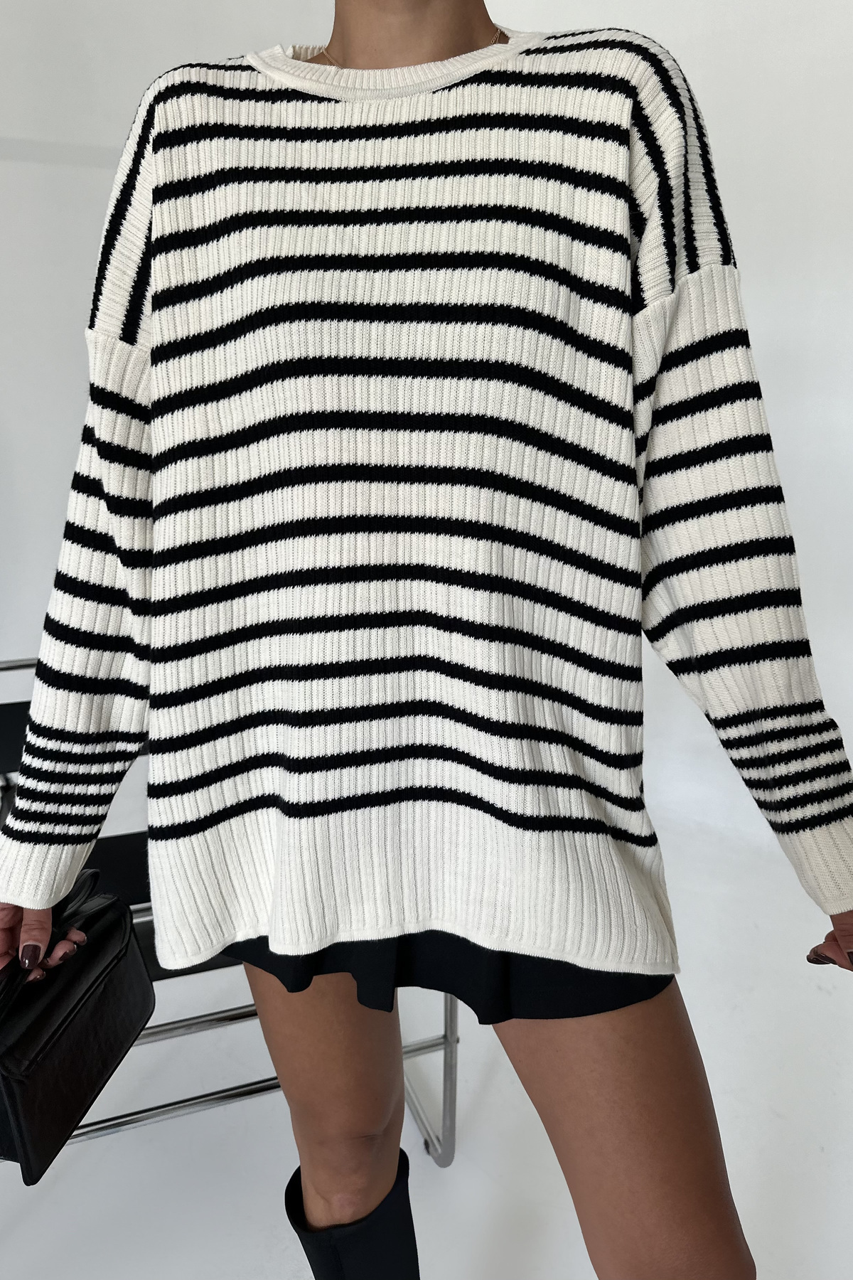 MODAGEN  Kadın Camel Bisiklet Yaka Çizgili Triko Kazak - Görsel 7