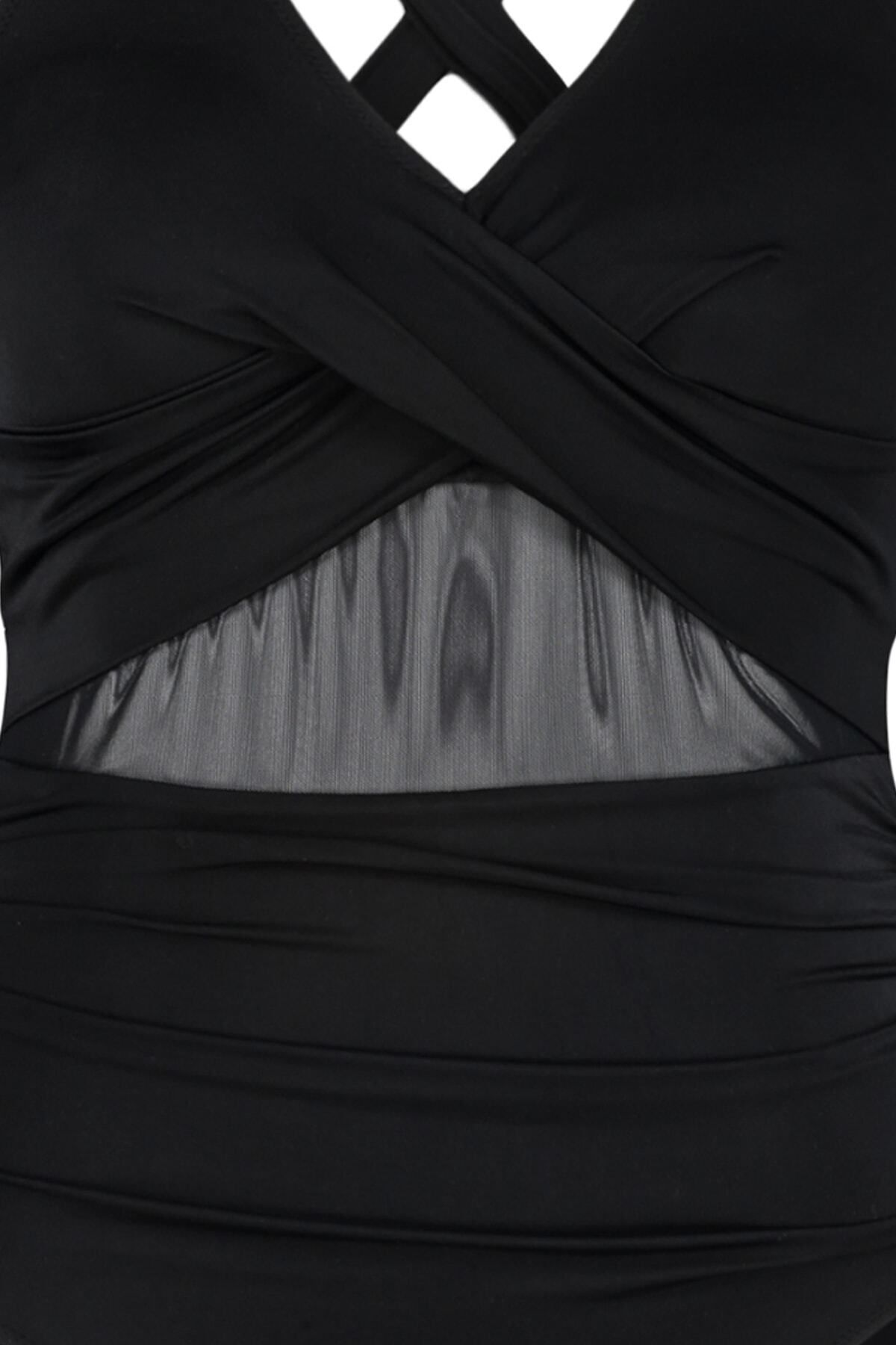 Trendyol Curve-Schwarzer, übergroßer Badeanzug mit Ausschnitt an der Taille, Mesh/Tüll-Detail, TBBSS23AM00037 7
