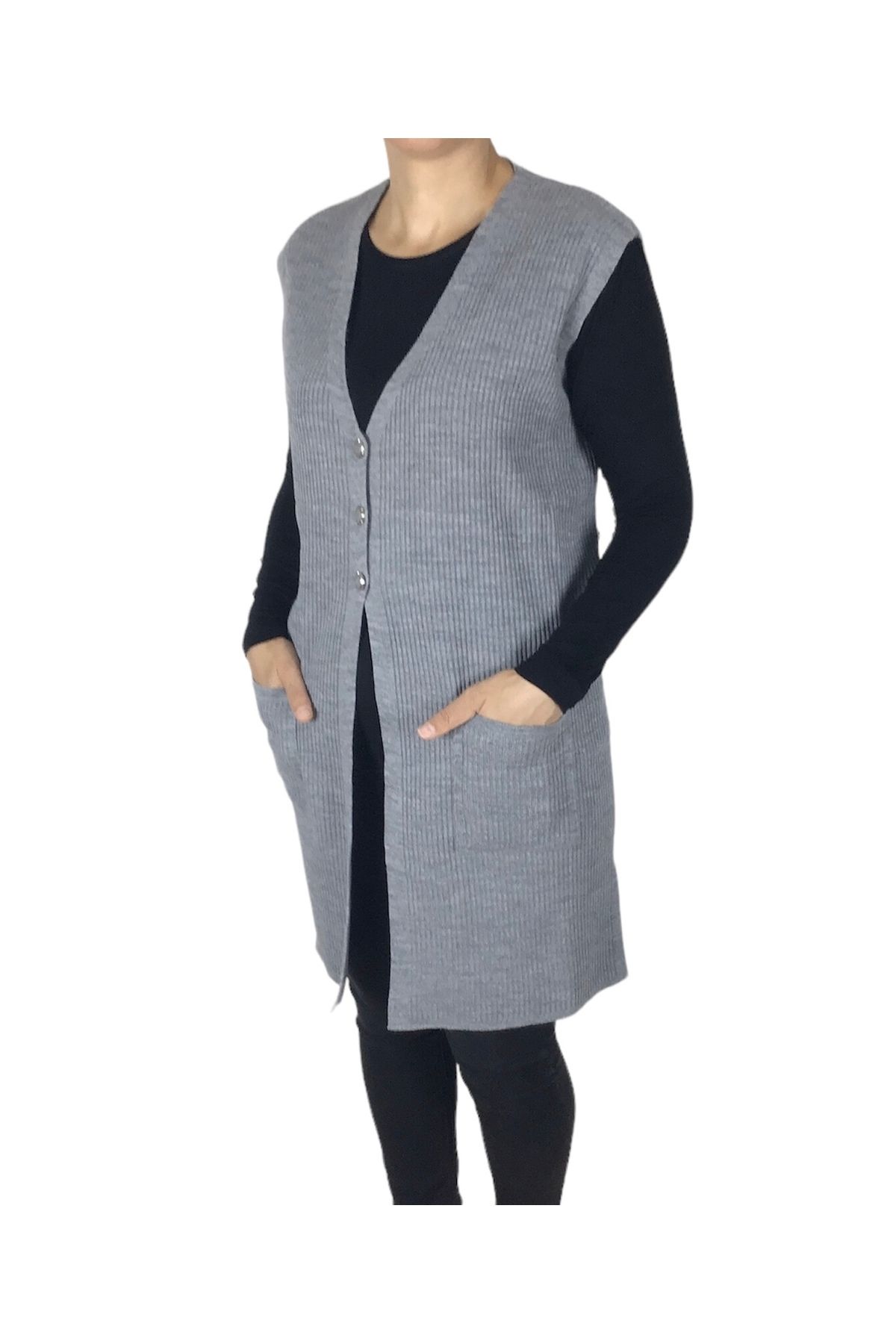 ECE GİYİM-Large Size Phytal Patterned Long Vest with Buttoned Pockets 2